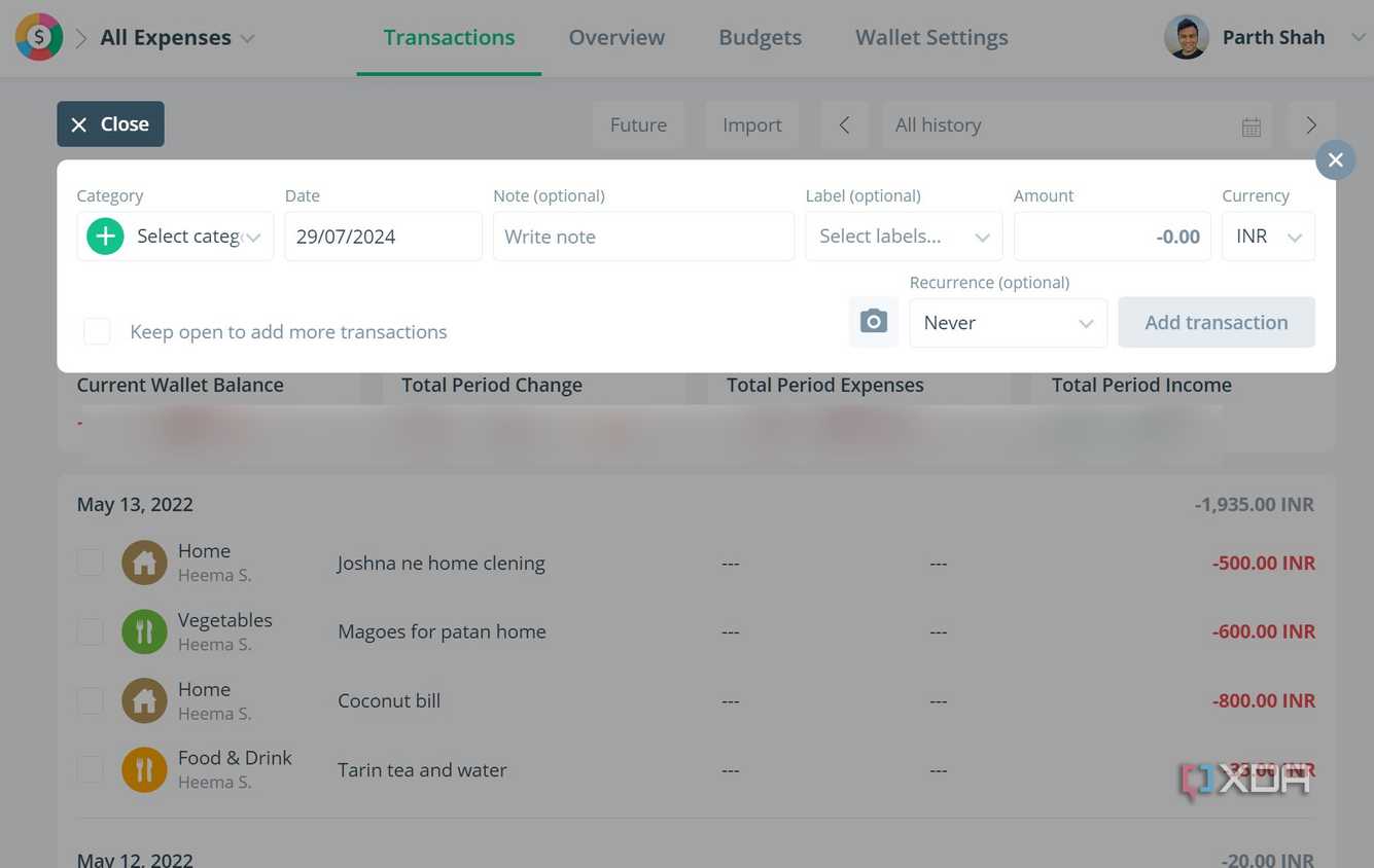 Spendee add transcations