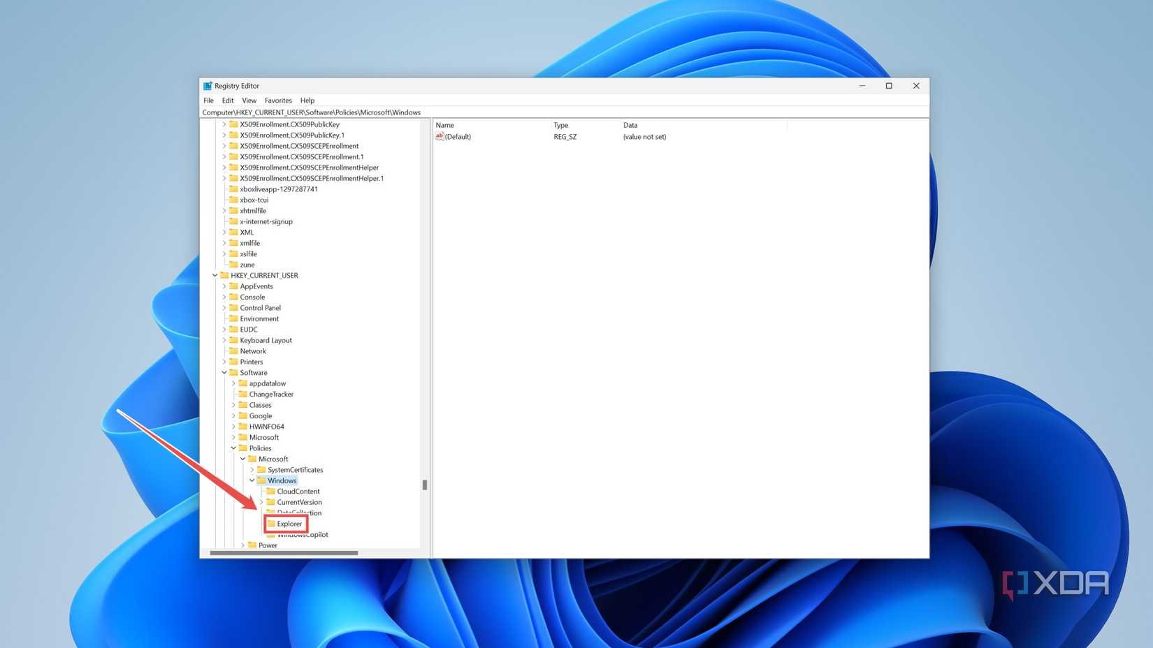 Creating the Explorer key in the Registry Editor