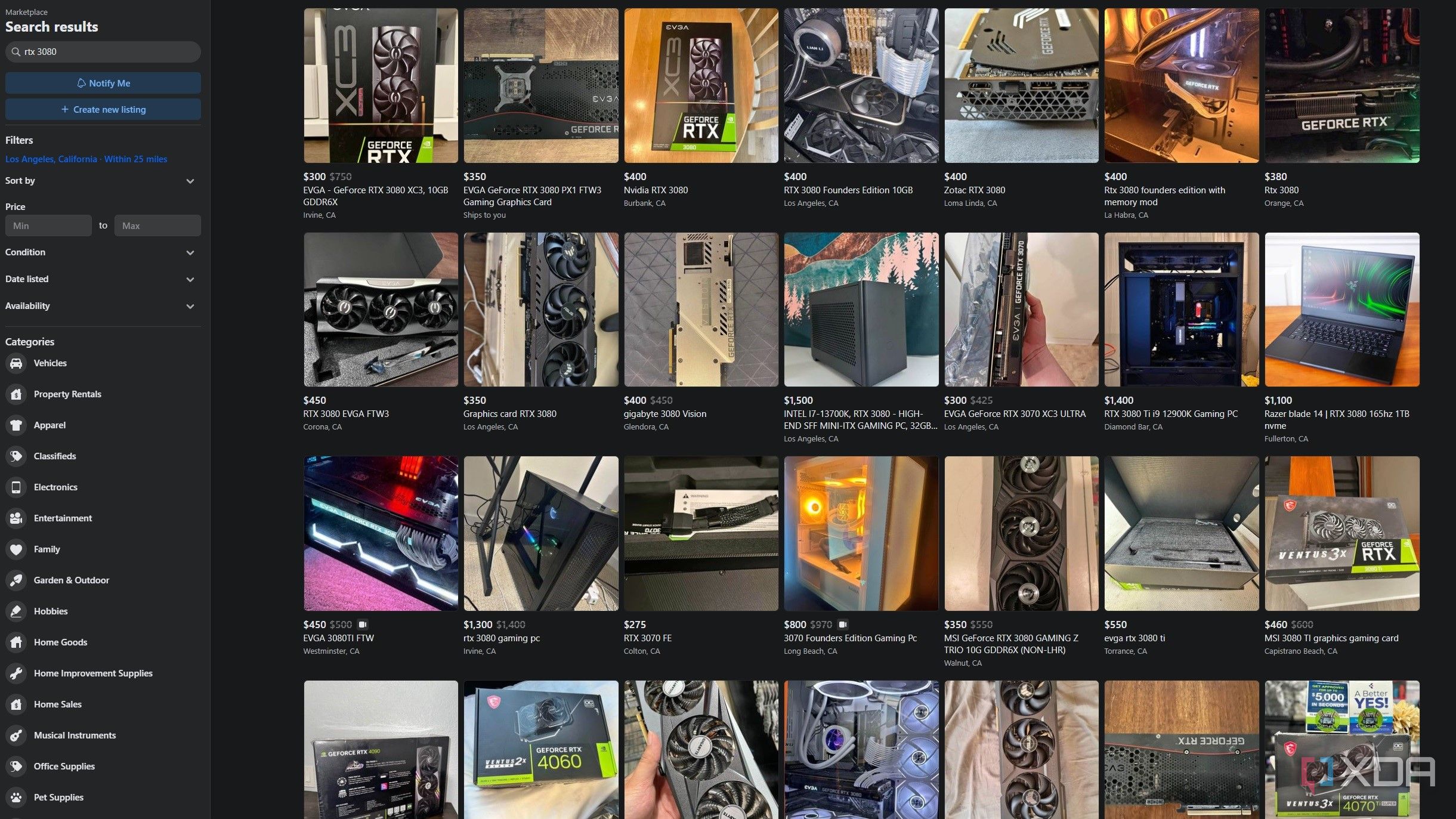 RTX 3080 listings on Facebook Marketplace