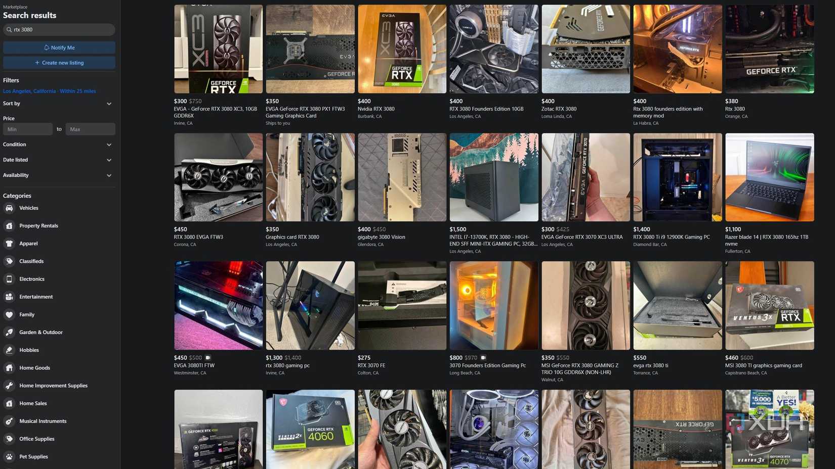 RTX 3080 listings on Facebook Marketplace