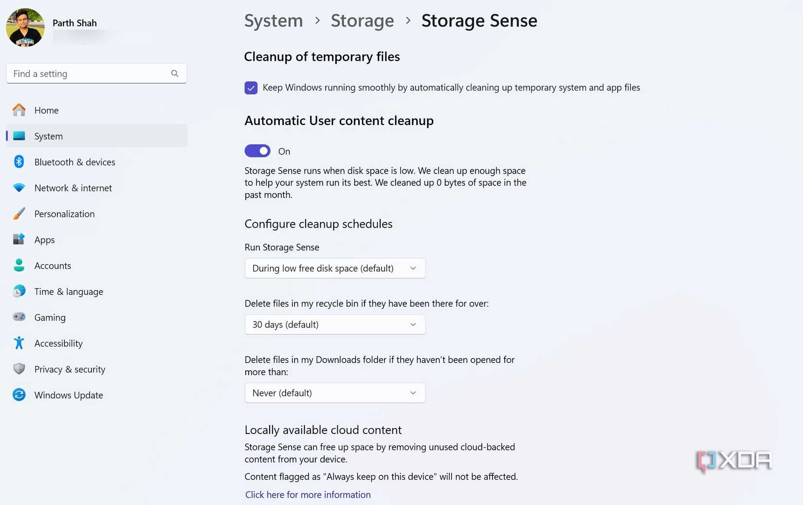 storage sense menu on Windows