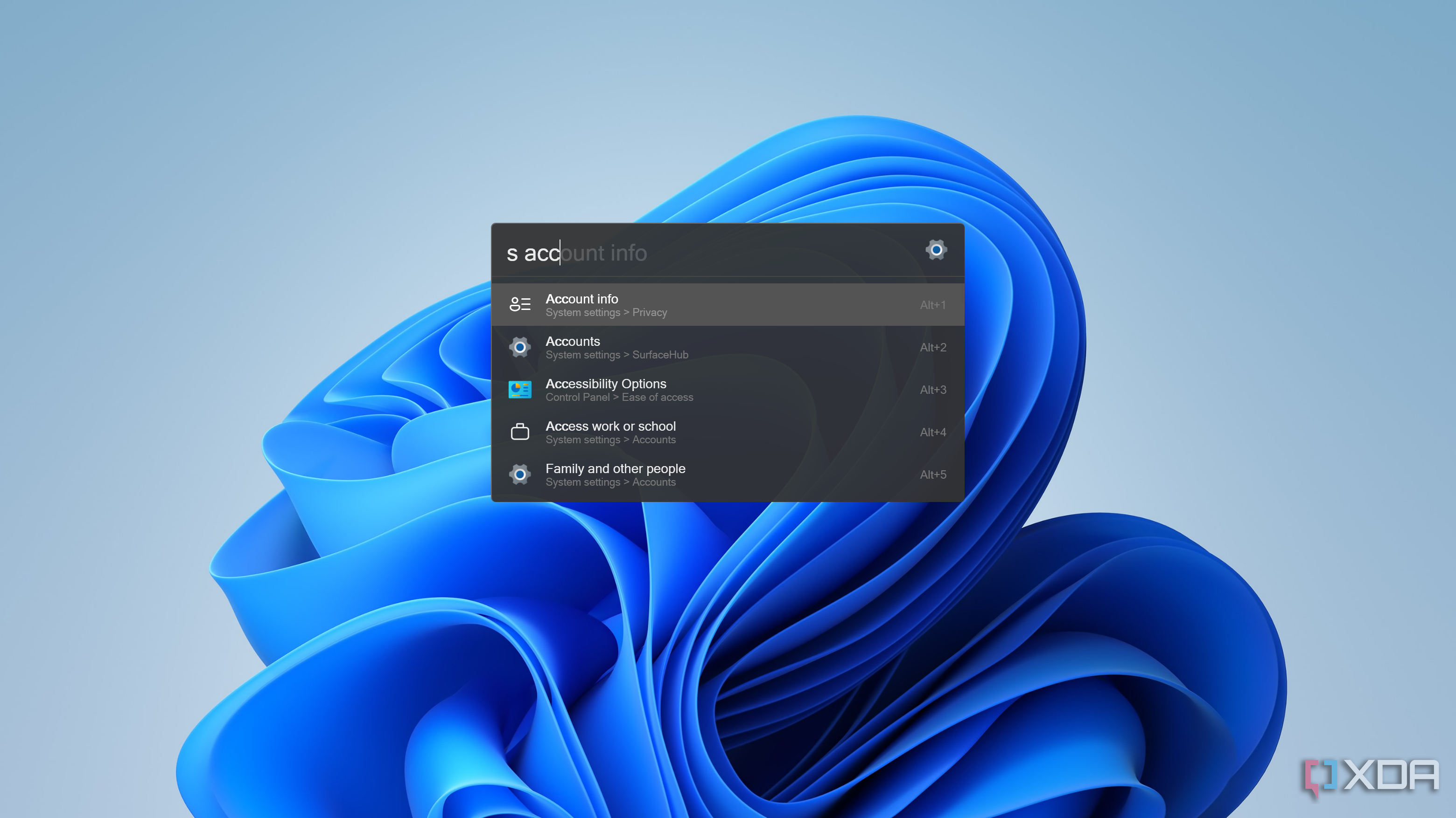 Screenshot of search results for specific settings in Windows 11 through Flow Launcher