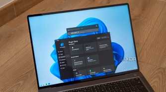A Windows 11 laptop showing Flow launcher settings and the search bar