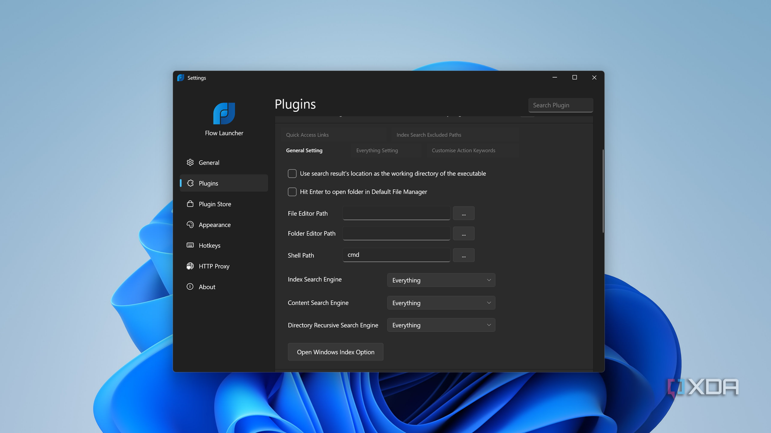 Screenshot of Flow Launcher plugin settings showing available search options