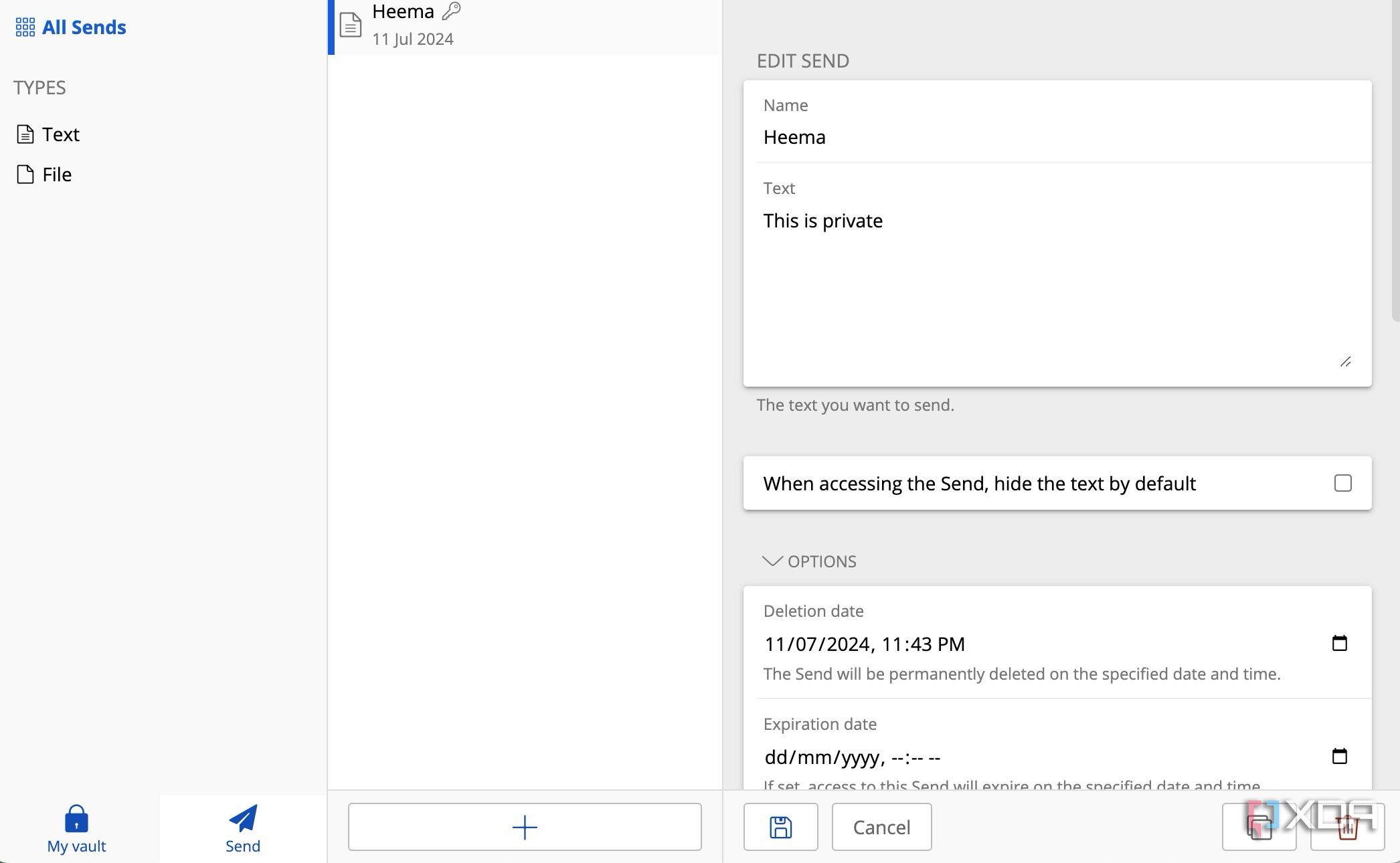 A screenshot showing Bitwarden send