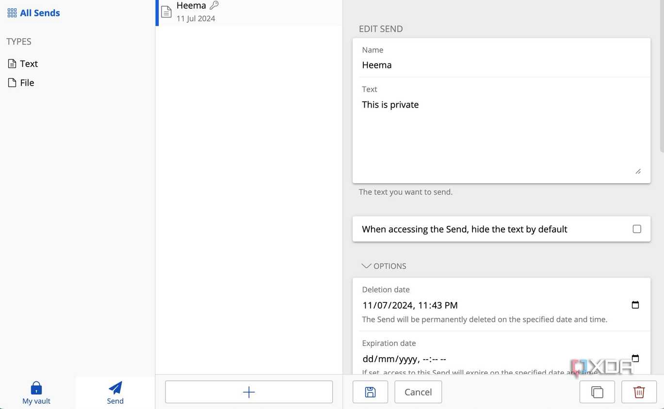 A screenshot showing Bitwarden send