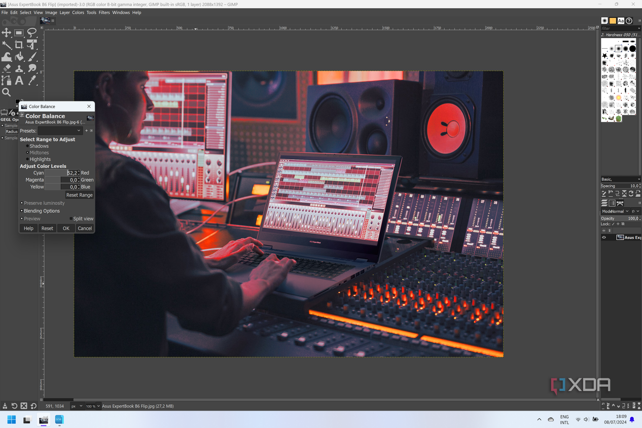 Screenshot of GIMP while using the color balance tool