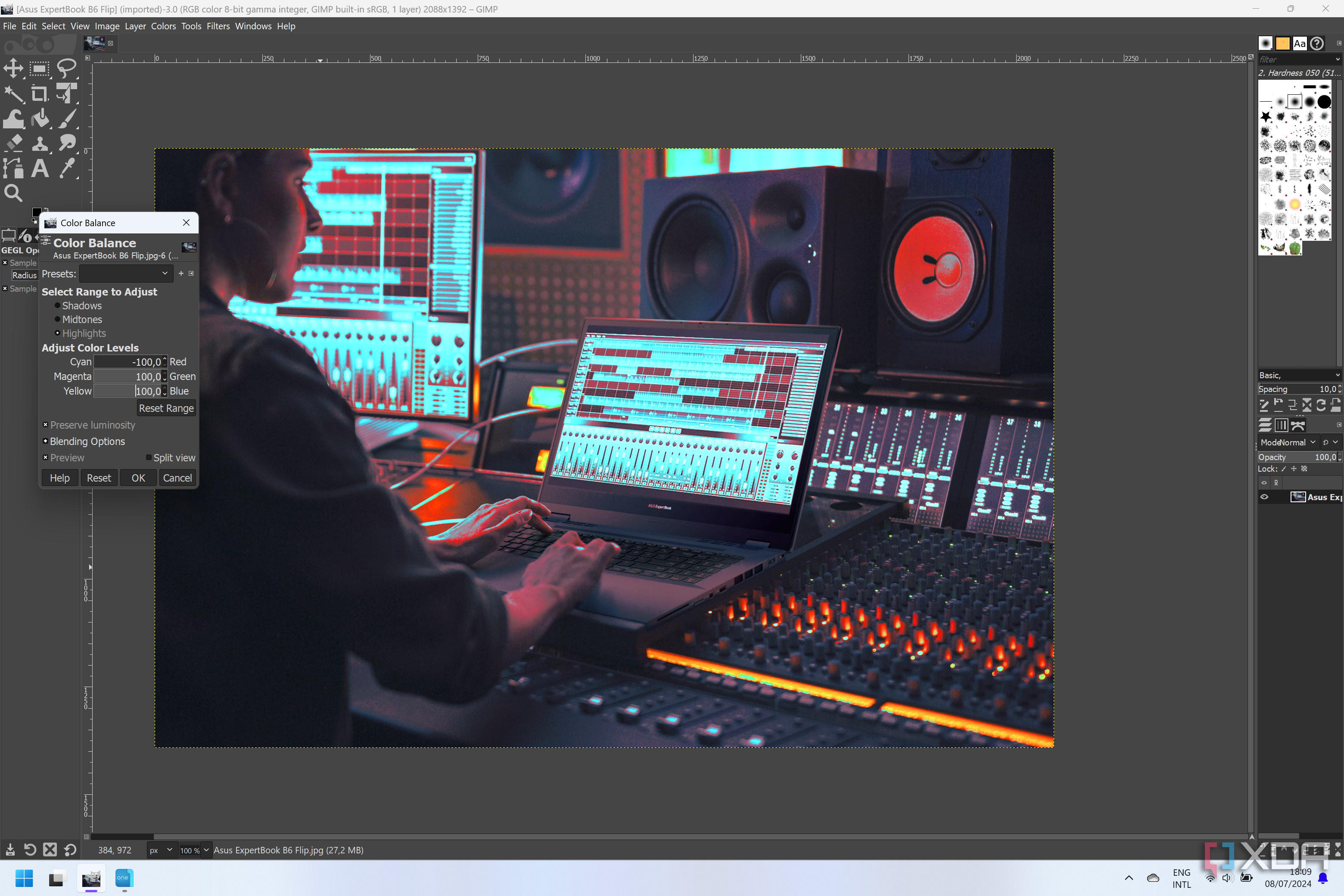 Screenshot of GIMP while using the color balance tool