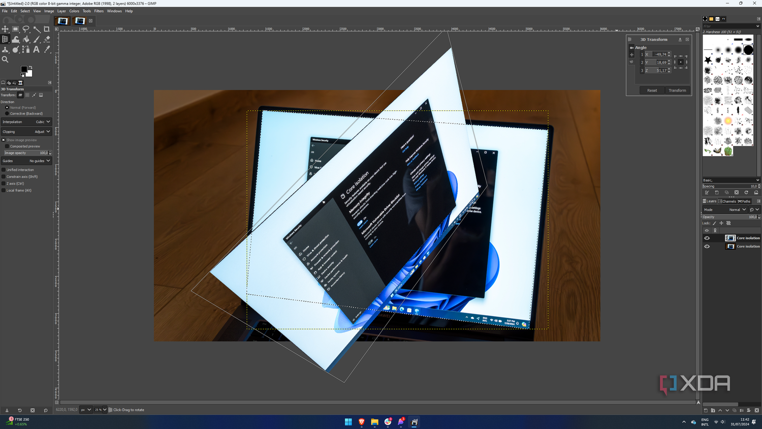 Screenshot of GIMP showing a 3D transformation for a layer in a project