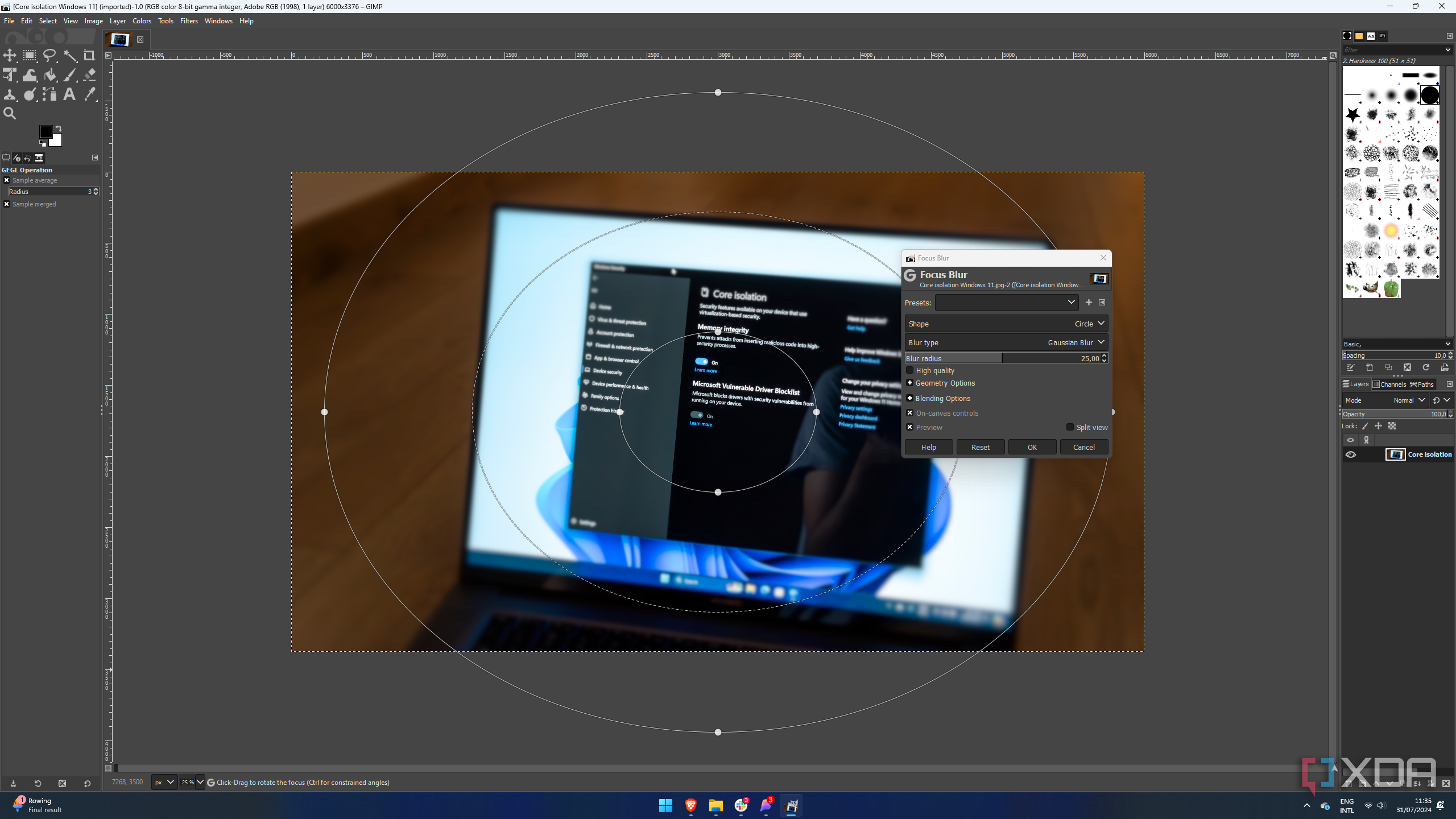 Screenshot of GIMP applying a gaussian blur filter