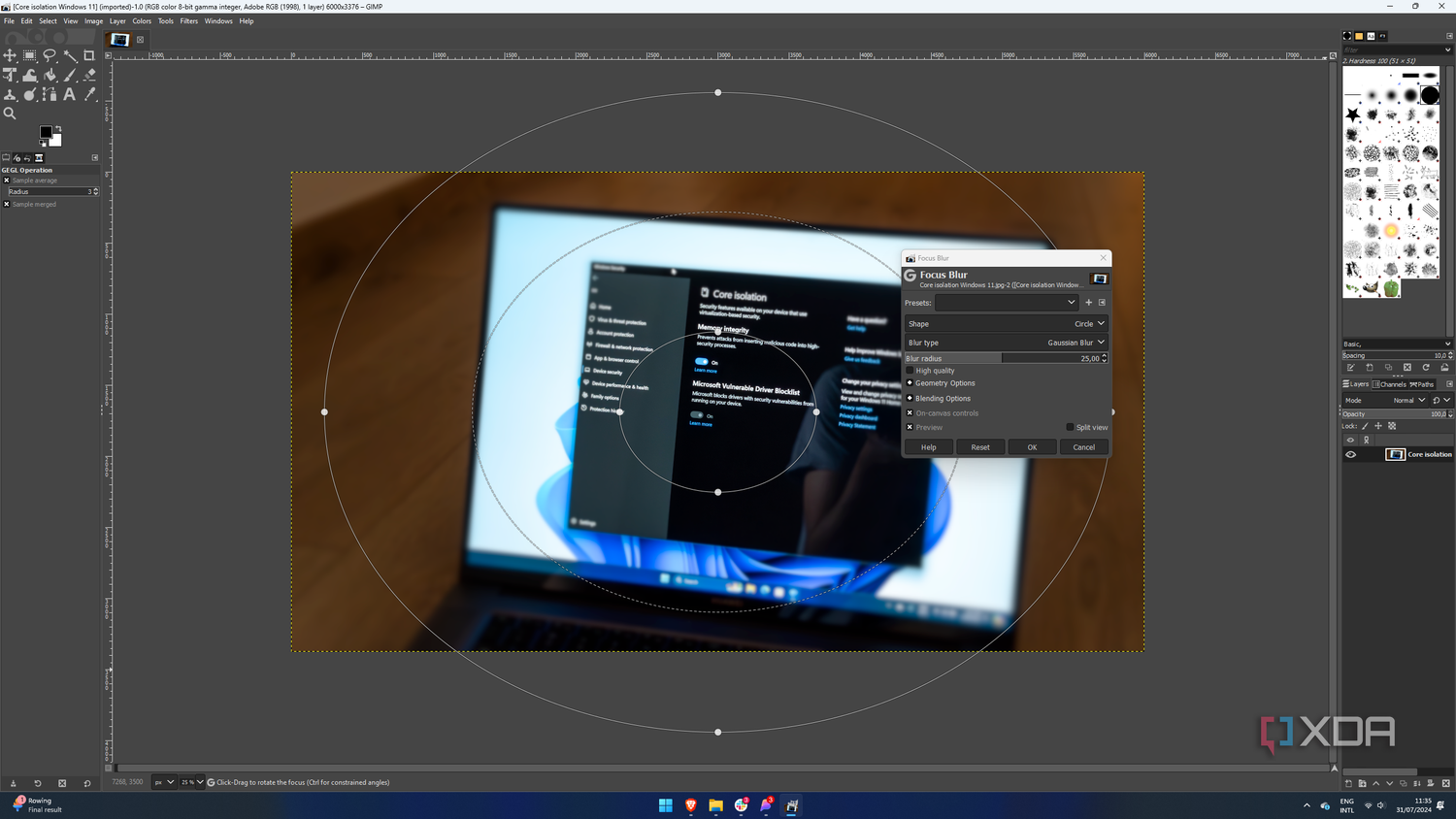 Screenshot of GIMP applying a gaussian blur filter