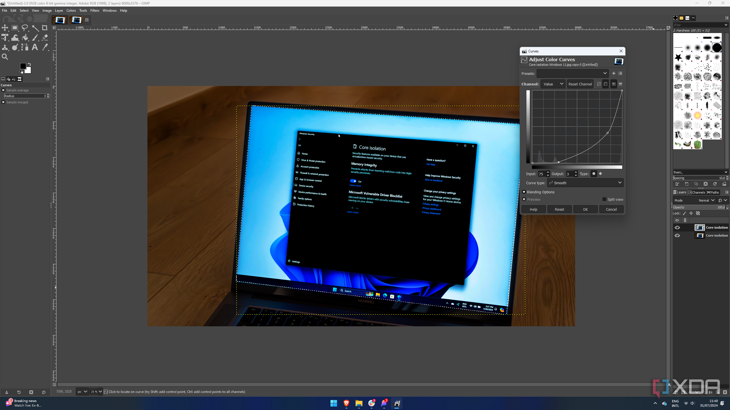 Screenshot of the curve editor in GIMP