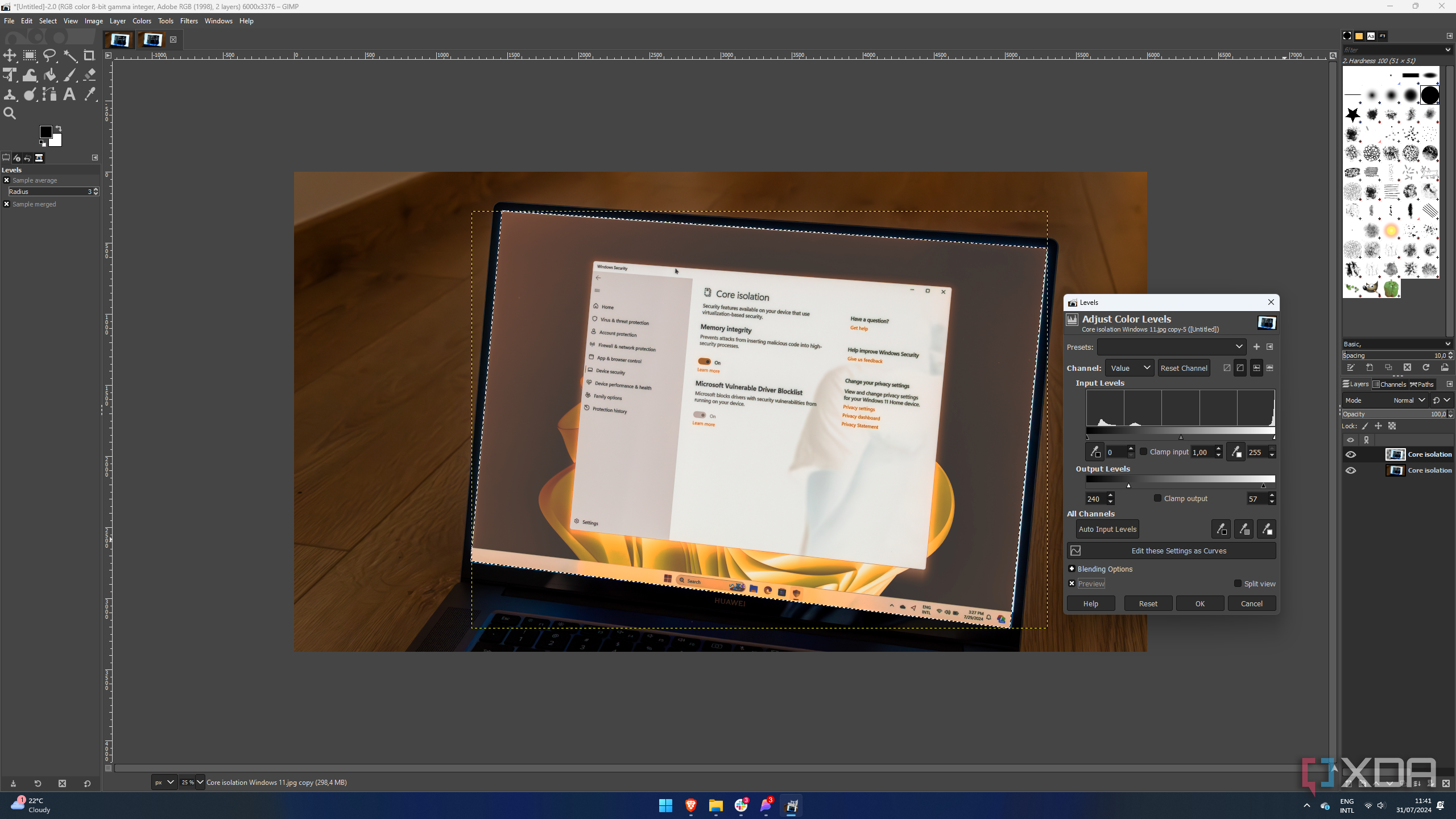 Screenshot of GIMP adjusting the levels for part of an image to invert the colors