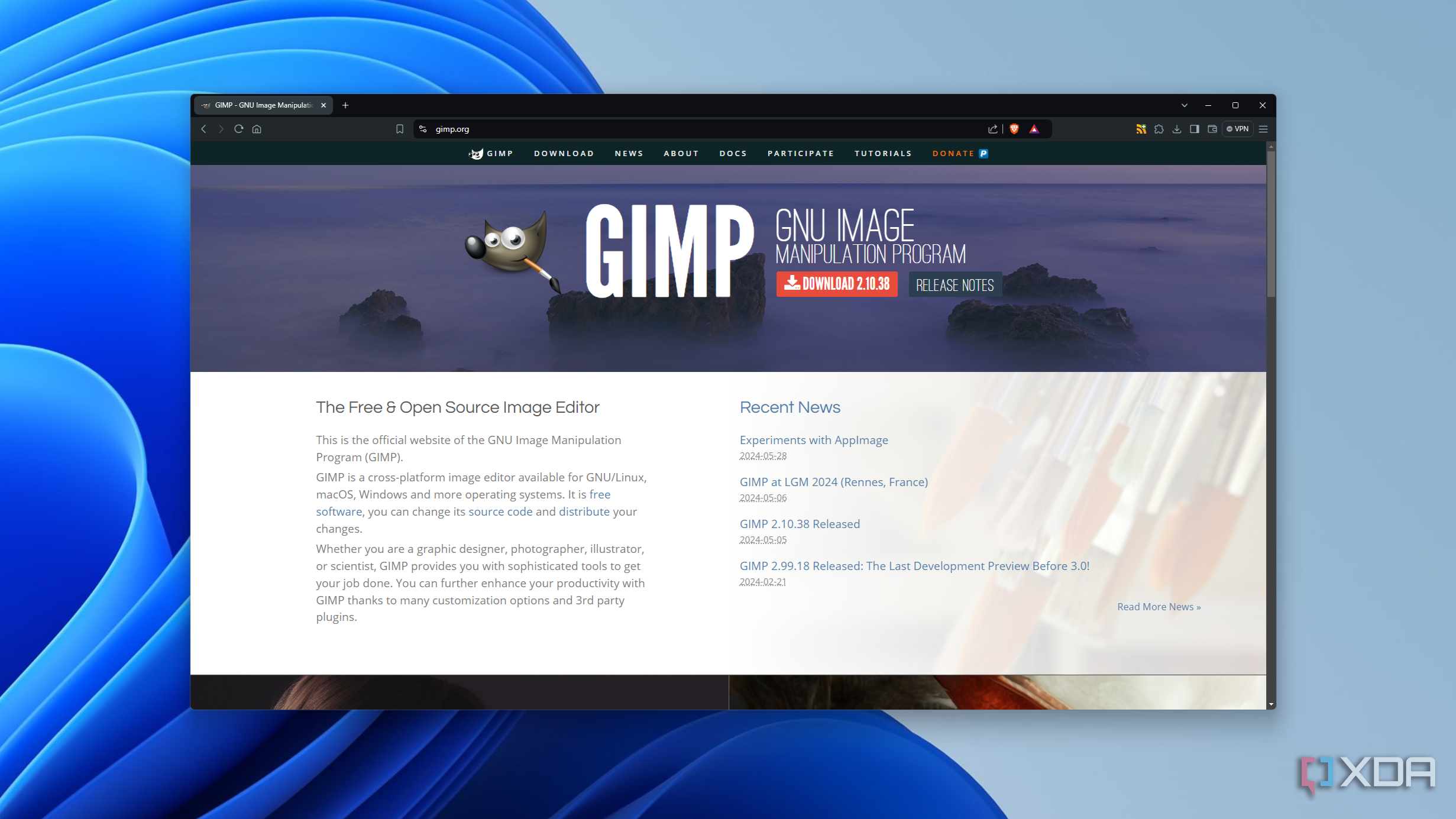 Screenshot of the homepage for GIMP