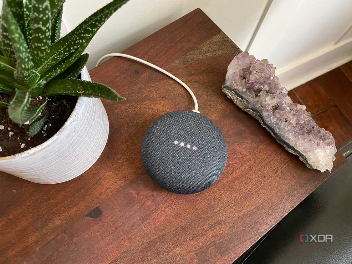 A Google Home Mini on a table
