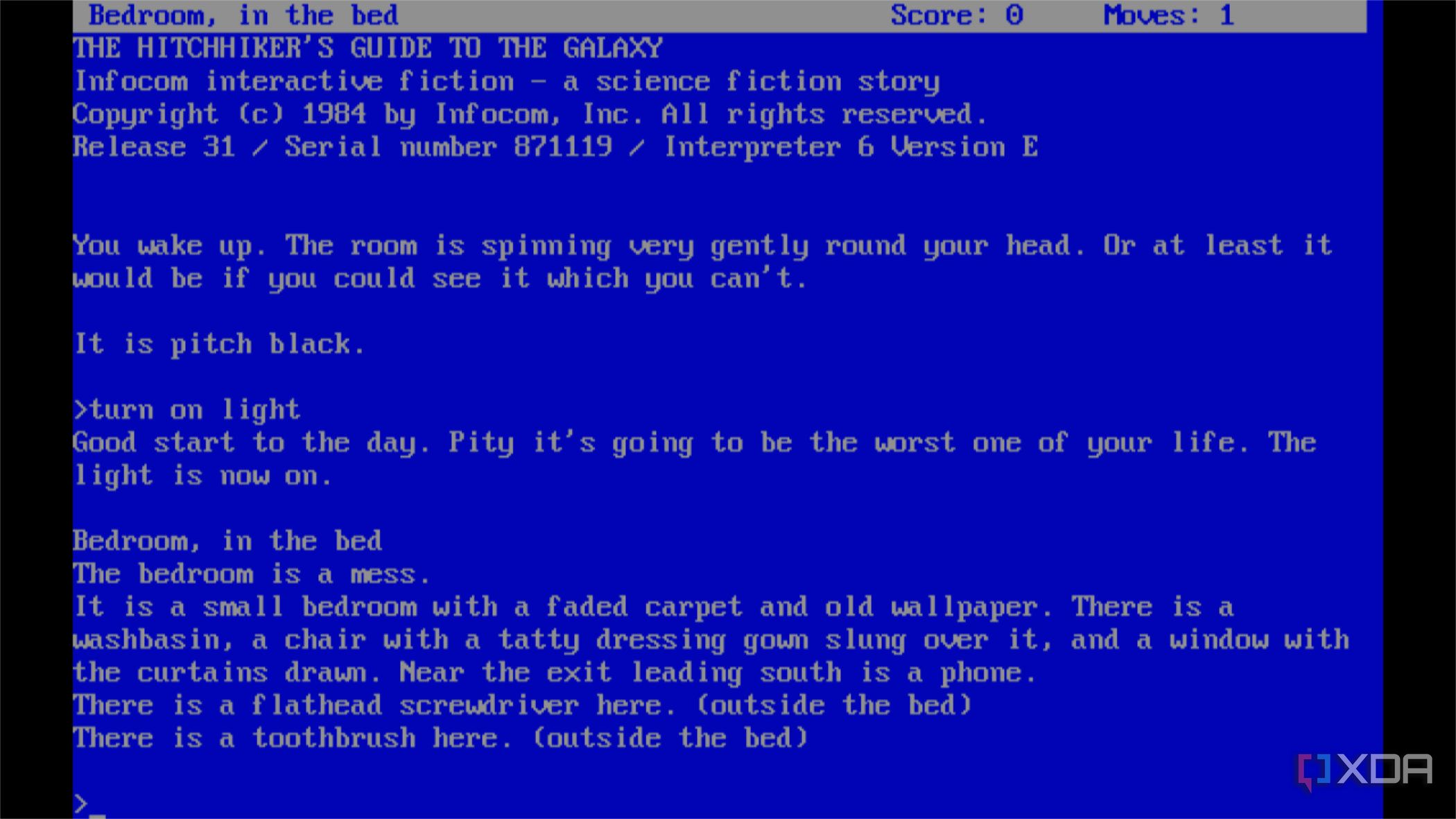 screenshot of the text adventure the hitchhiker's guide to the galaxy