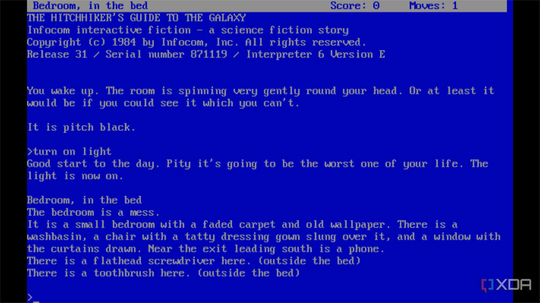screenshot of the text adventure the hitchhiker's guide to the galaxy