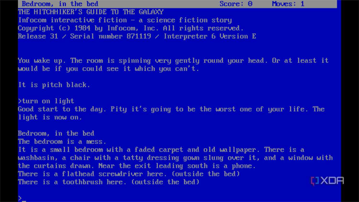 screenshot of the text adventure the hitchhiker's guide to the galaxy