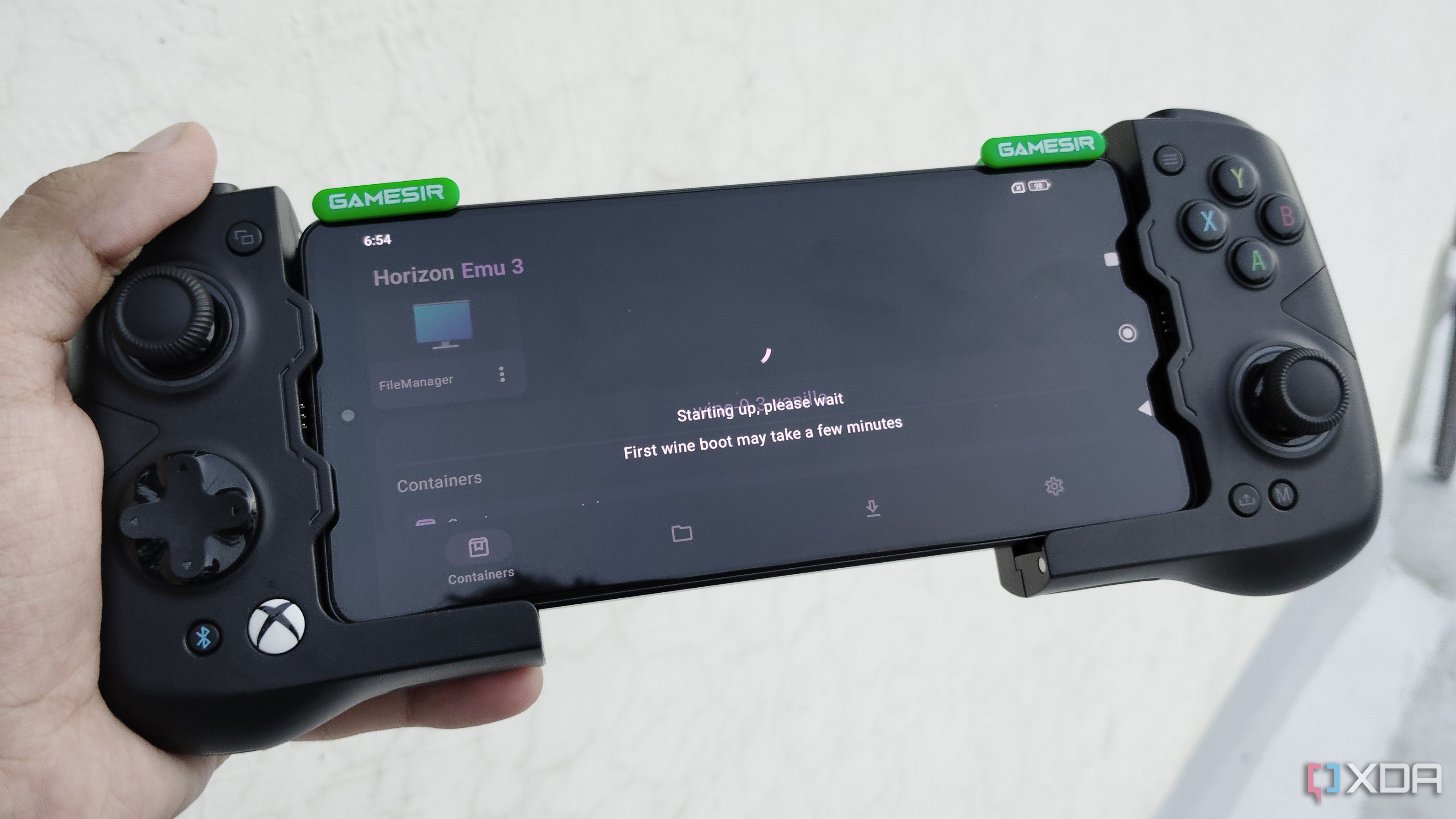 The Horizon-Emu interface running on a Poco F5 connected to a GameSir X4 Aileron controller
