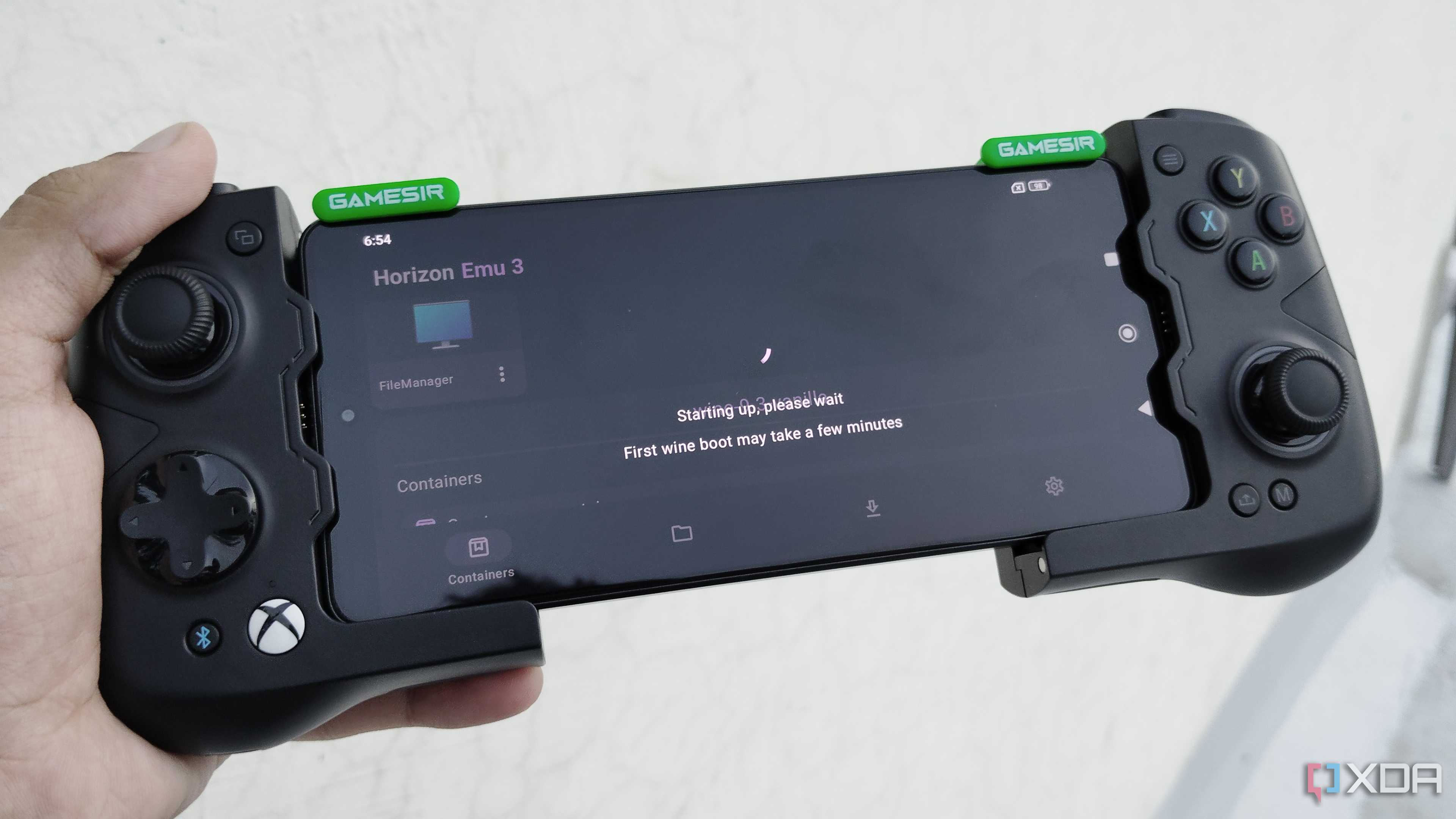 The Horizon-Emu interface running on a Poco F5 connected to a GameSir X4 Aileron controller