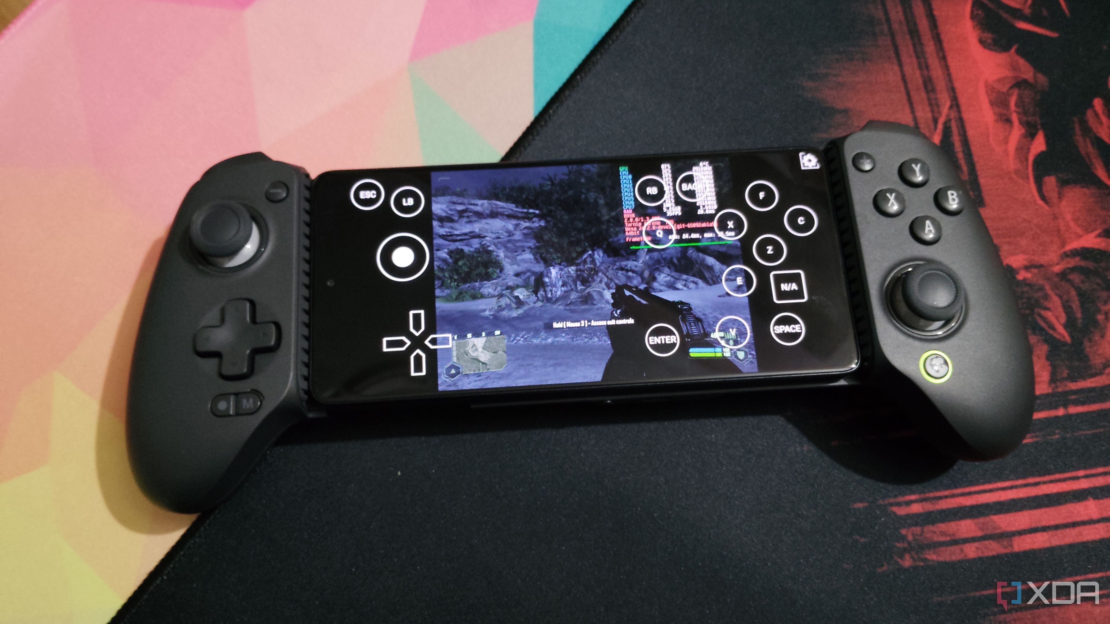 Crysis on a Poco F5 via Horizon-Emu, with the phone connected to a GameSir G8 Plus controller
