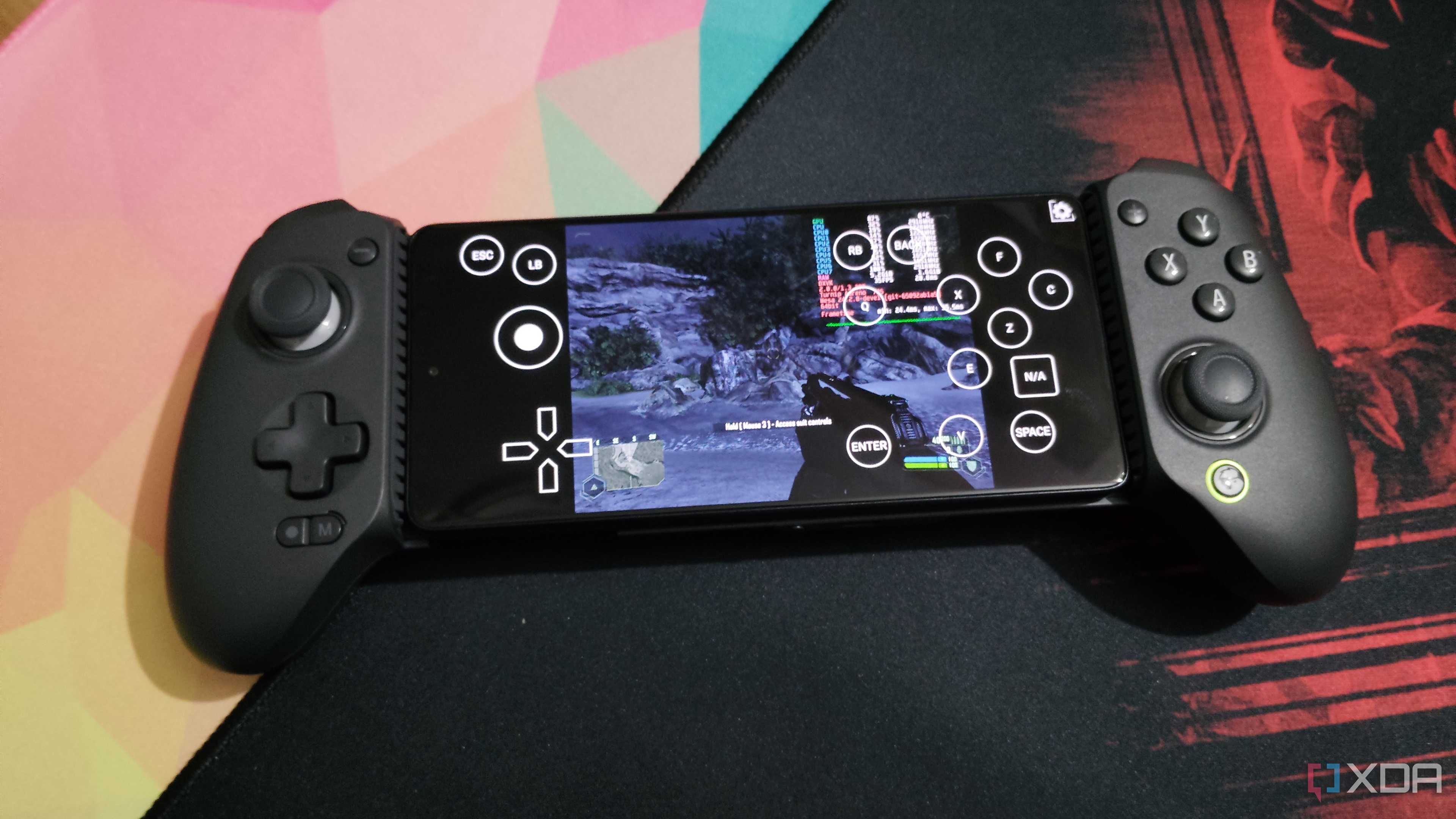Crysis on a Poco F5 via Horizon-Emu, with the phone connected to a GameSir G8 Plus controller