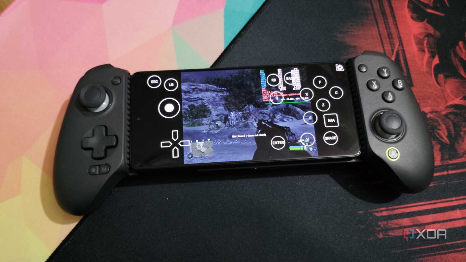 Crysis on a Poco F5 via Horizon-Emu, with the phone connected to a GameSir G8 Plus controller