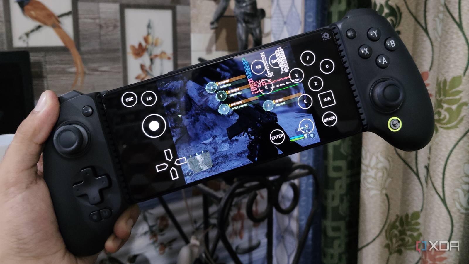 Crysis on a Poco F5 via Horizon-Emu, with the phone connected to a GameSir G8+ controller