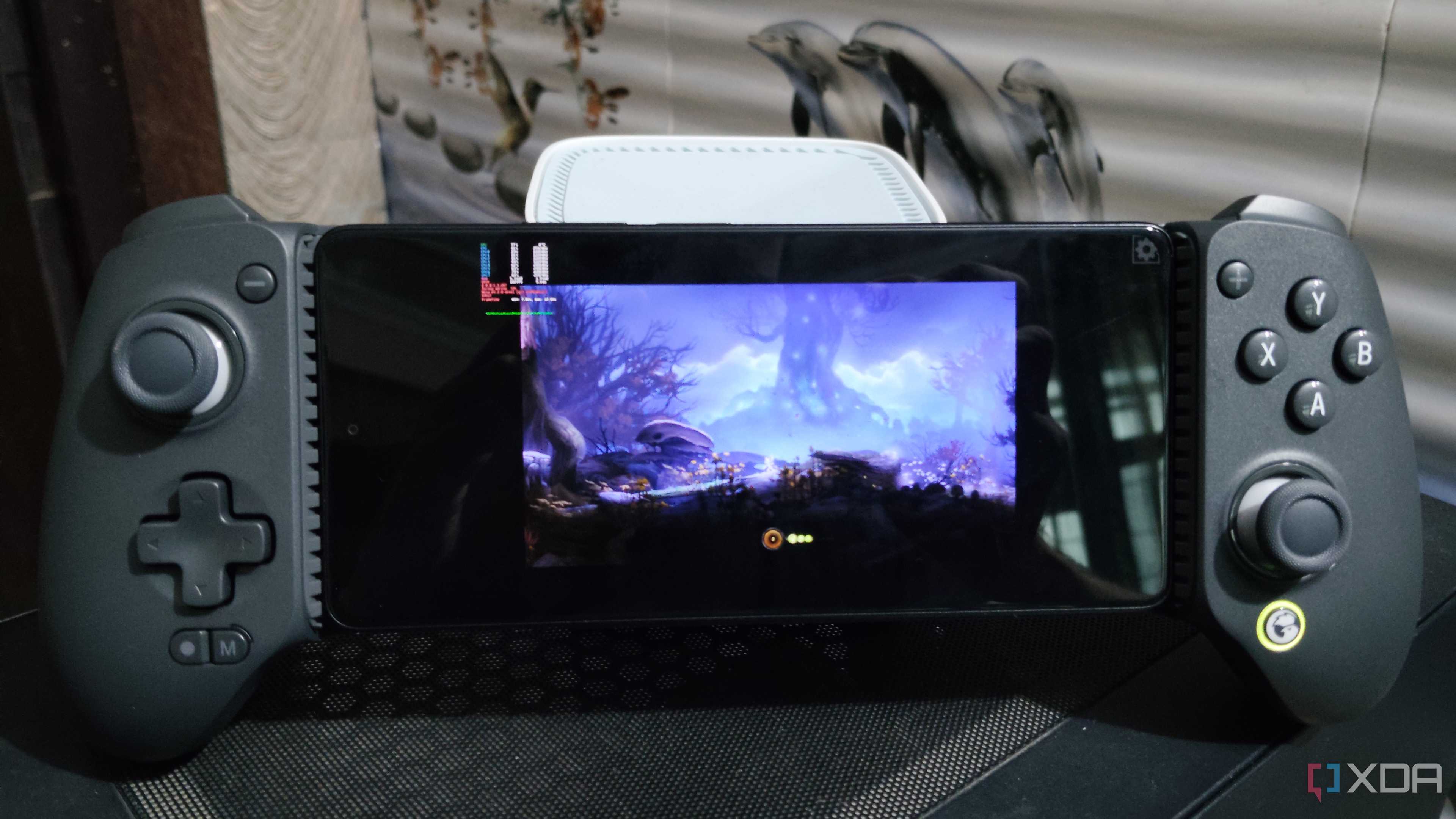 Ori and the Blind Forest running on a Poco F5 via Horizon-Emu, with the phone connected to a GameSir G8 Plus controller