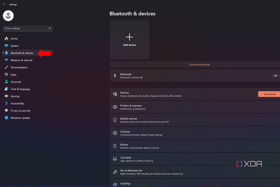 The Bluetooth & devices tab in the Windows settings menu