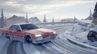 A wallpaper showing a car drifting infinitely along a mountain road