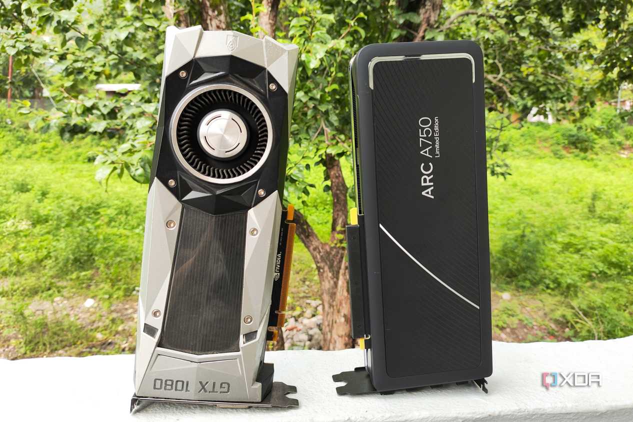 An Intel Arc A750 placed next to a GTX 1080 FE