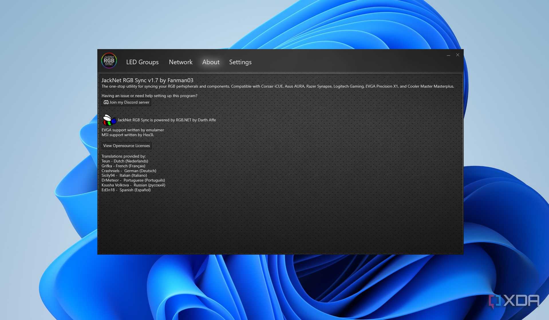 Image shwoing the JackNet RGB About tab
