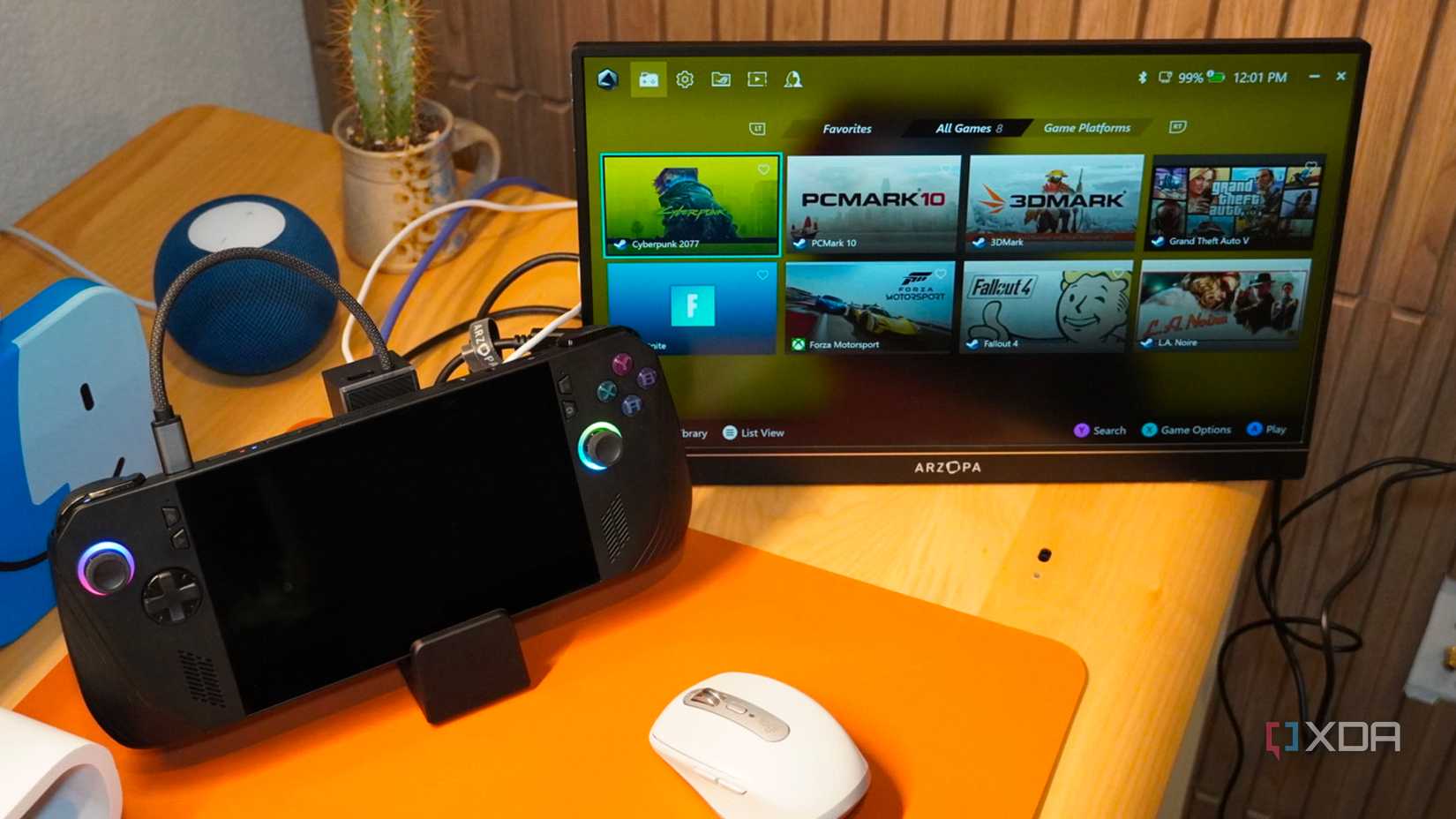 An ROG Ally X connected to a portable monitor with a Jsaux dock.