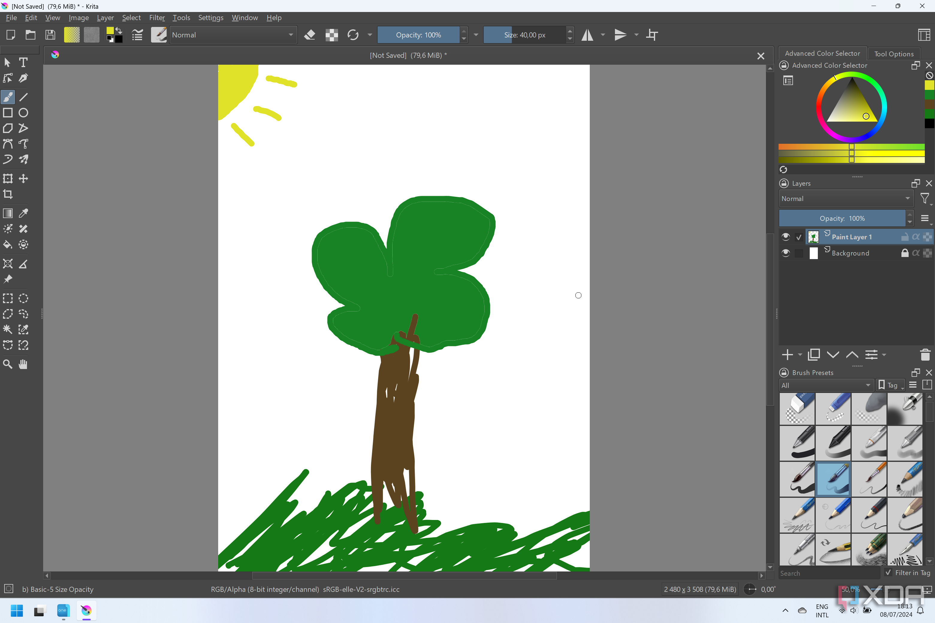 Screenshot of Krita on Windows showing a drawing of a tree
