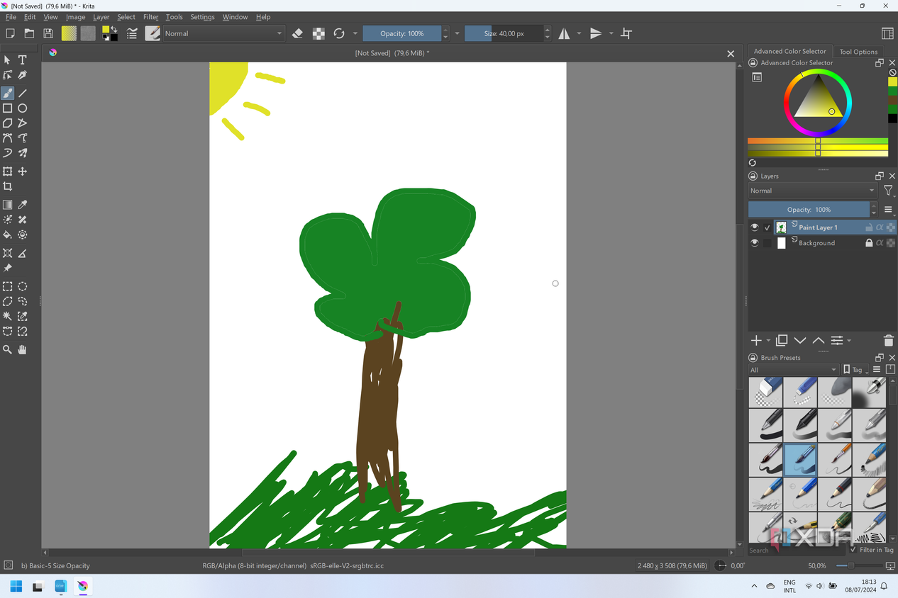 Screenshot of Krita on Windows showing a drawing of a tree