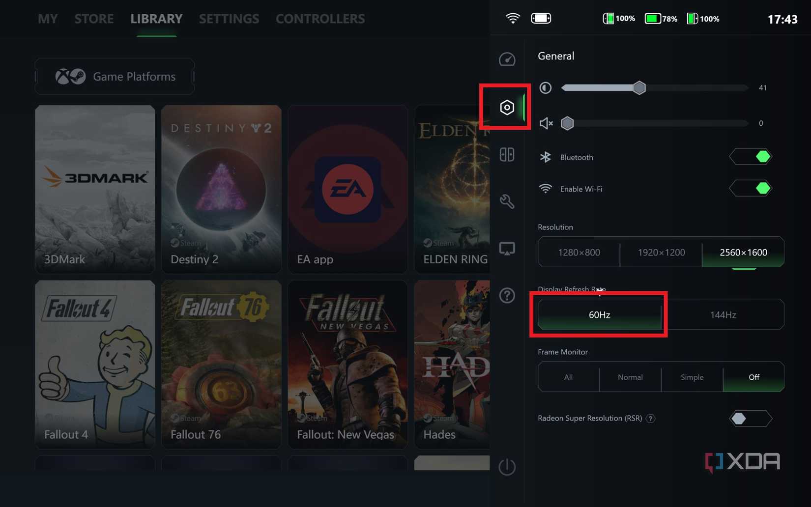 screenshot of legion go quick menu with refresh rate option highlighted