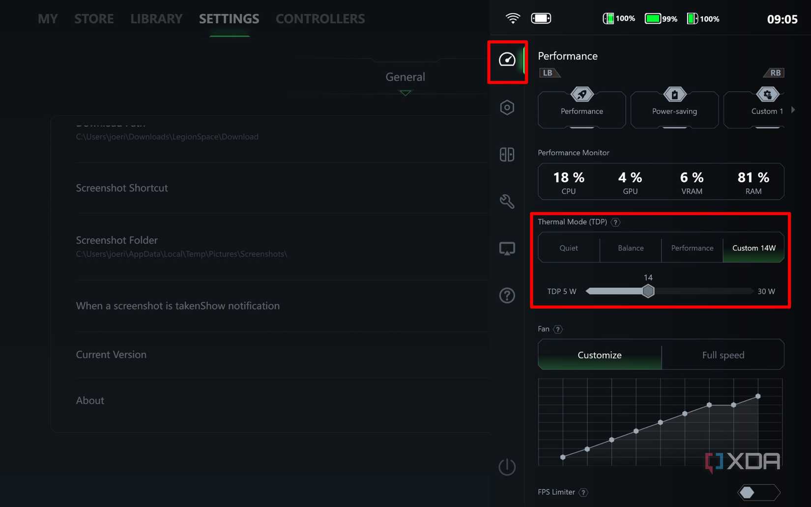 screenshot of legion go quick menu showing tdp adjustment