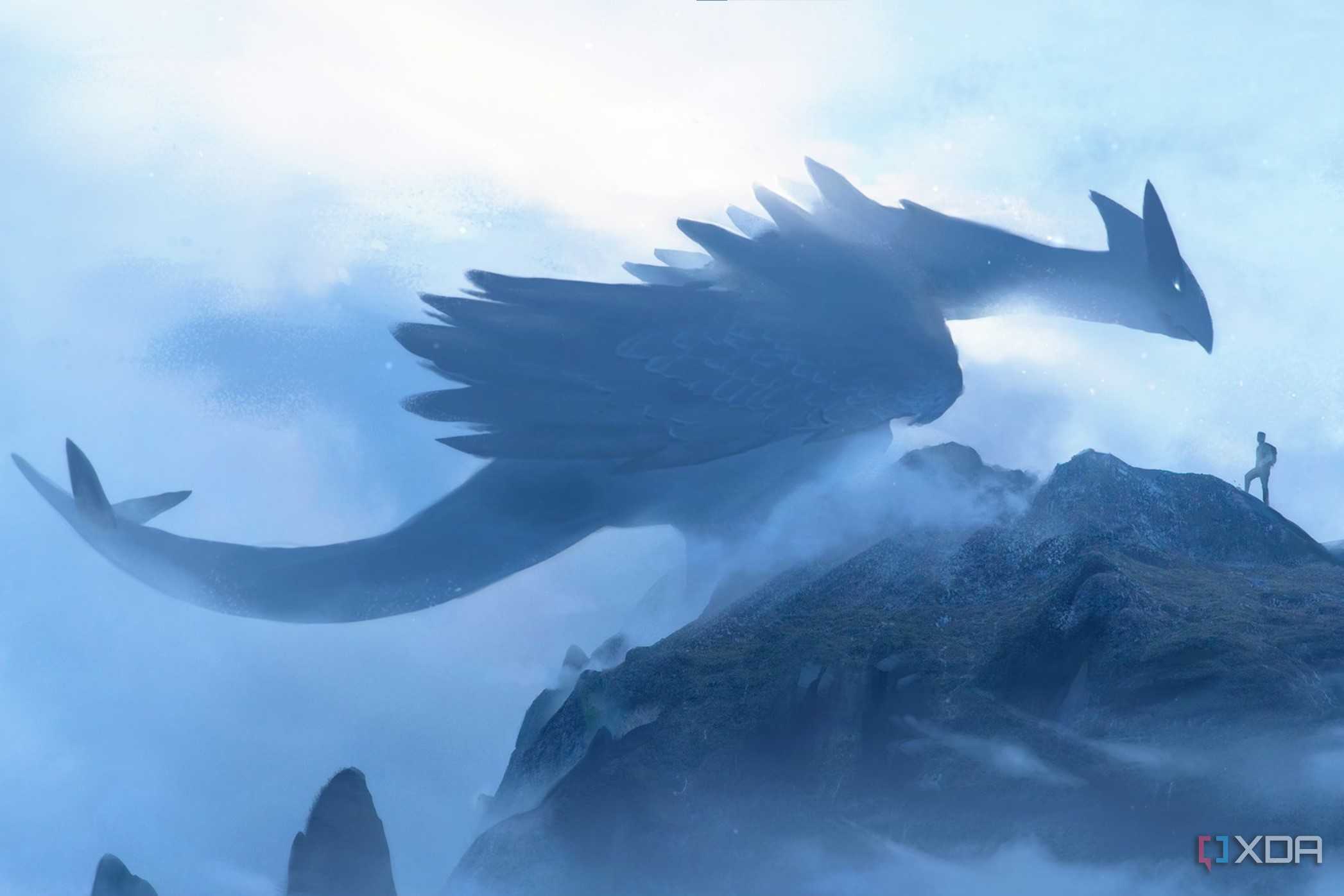 A wallpaper showing the pokemon Lugia with a man on a mountain