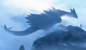 A wallpaper showing the pokemon Lugia with a man on a mountain