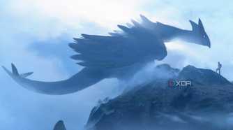 A wallpaper showing the pokemon Lugia with a man on a mountain