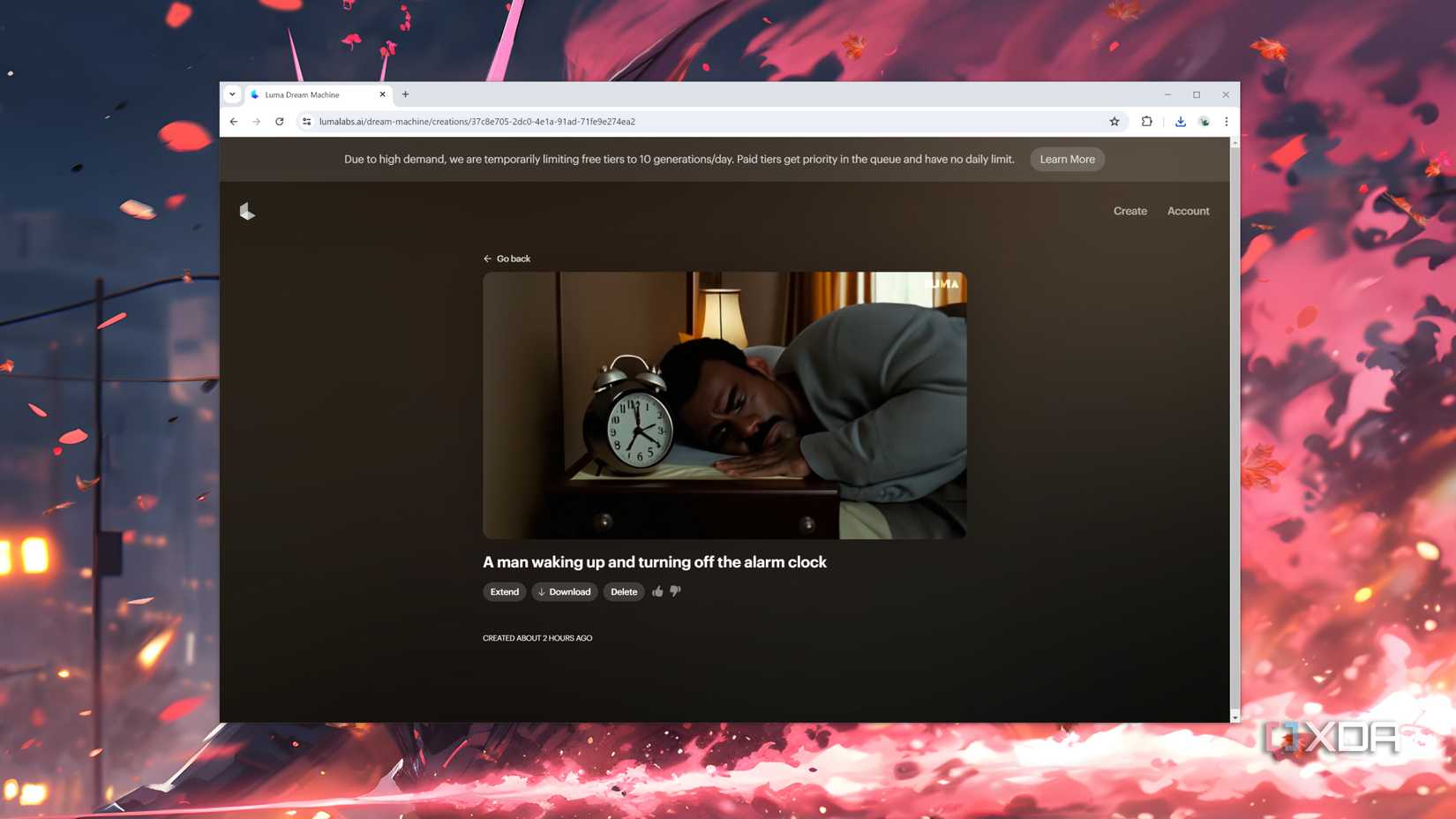 The Dream Machine UI used to create a clip