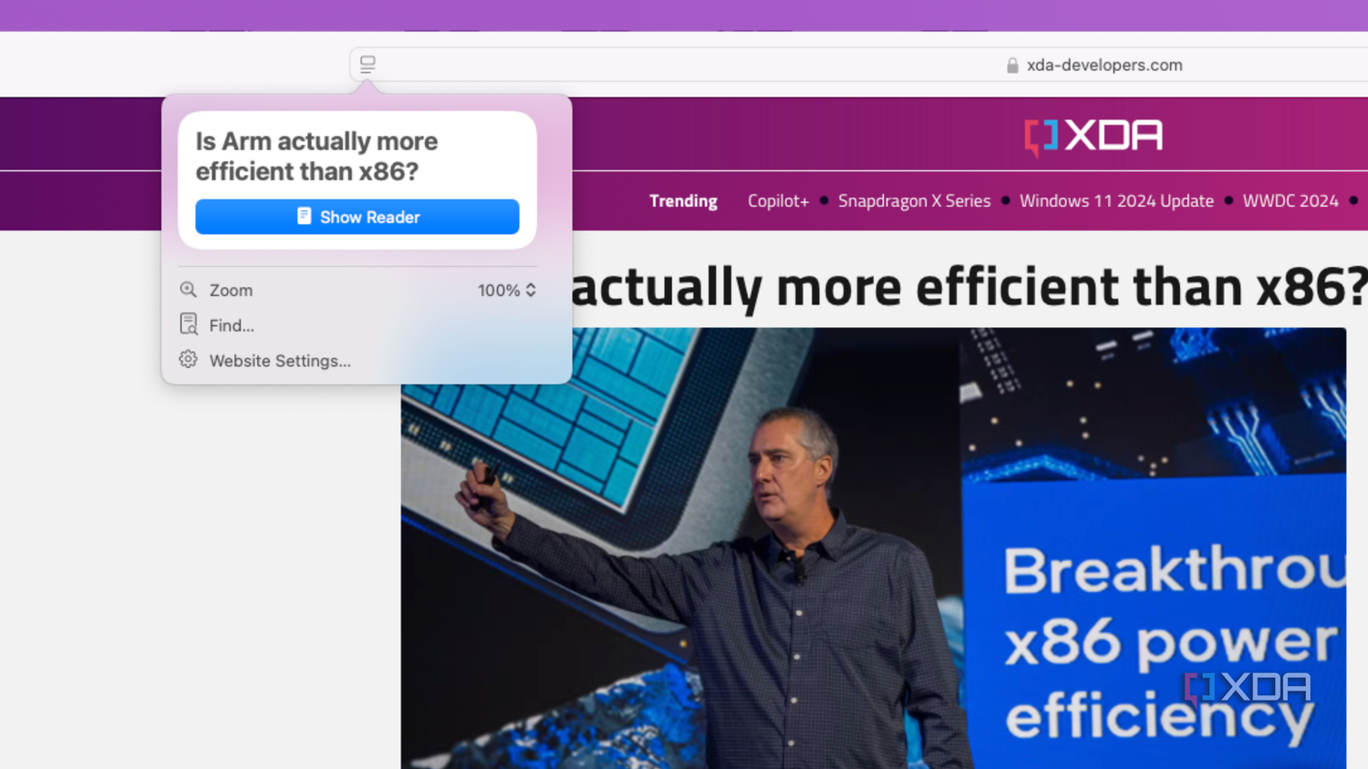 The Show Reader button in macOS Sequoia.