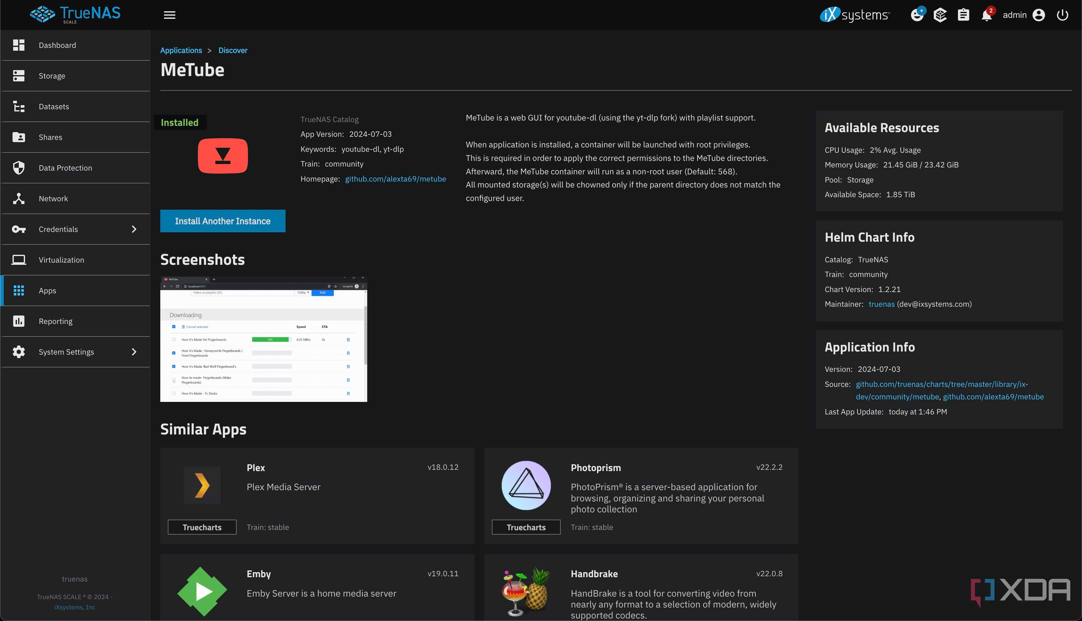 metube truenas app page