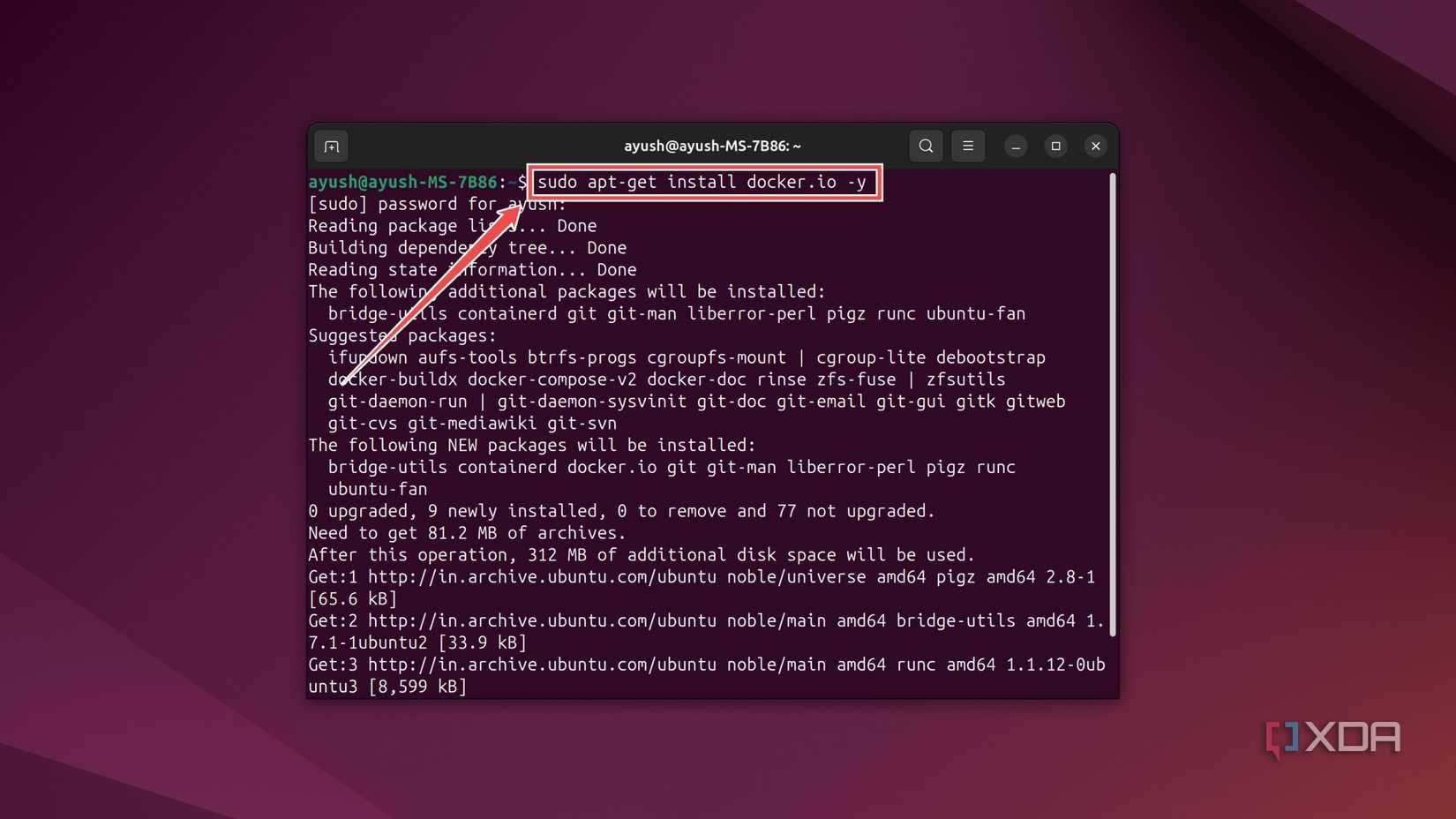 The terminal command to install the Docker package in Ubuntu