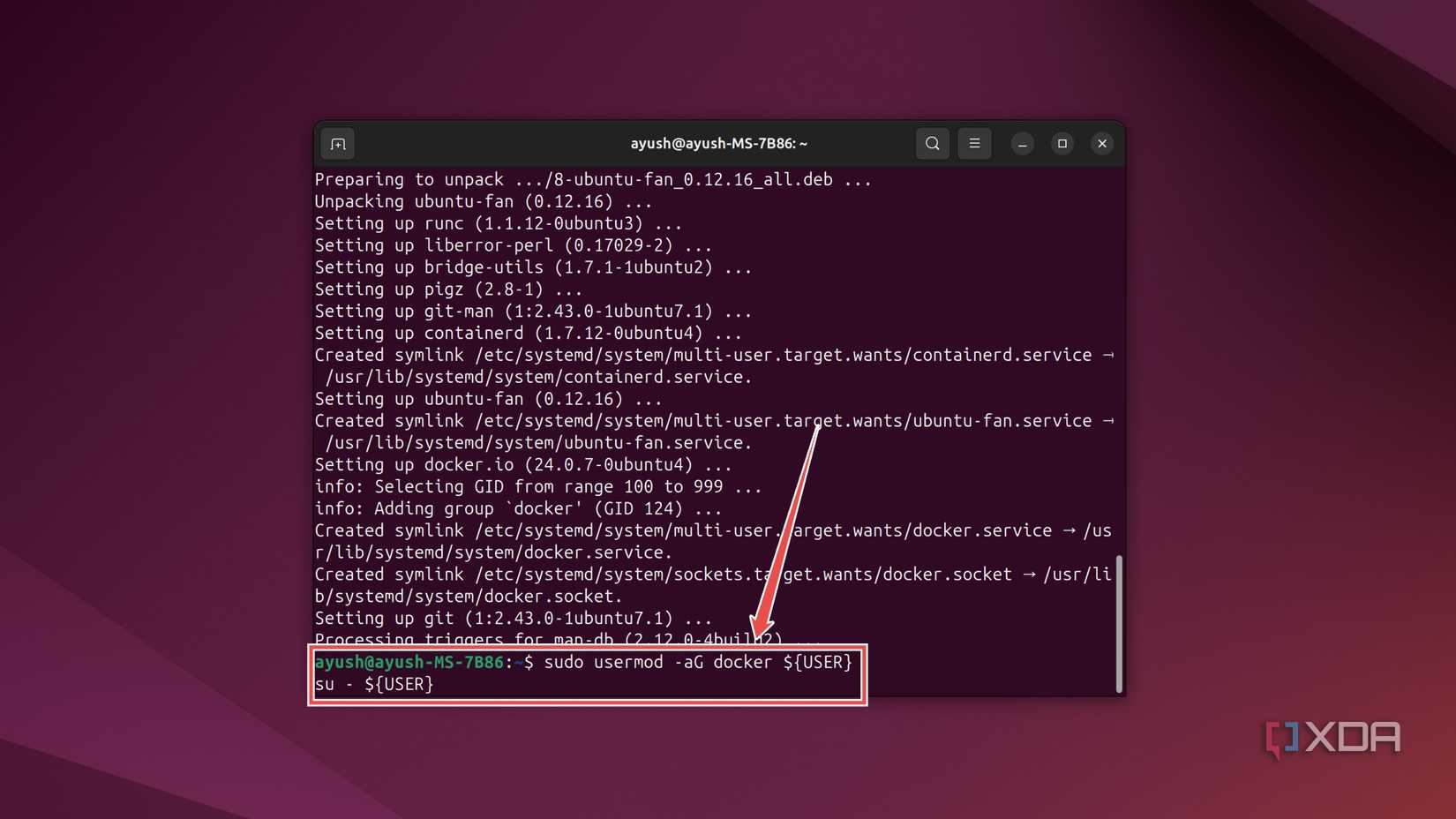 The terminal command to modify the privileges to the Docker group in Ubuntu