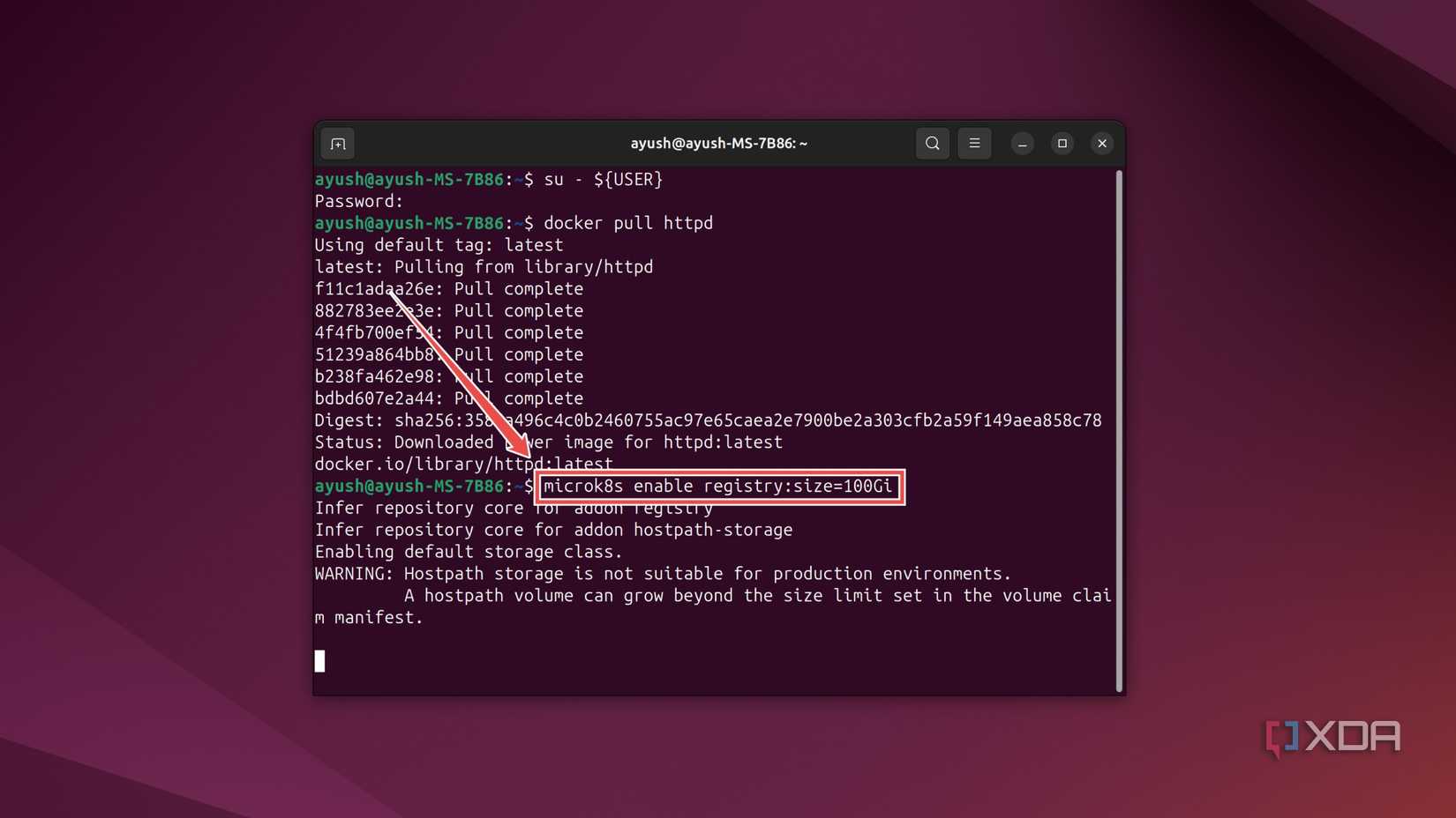 The terminal command to enable the MicroK8s registry in Ubuntu