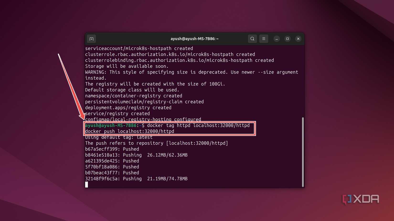 The terminal command to add a docker image to the MicroK8s registry in Ubuntu