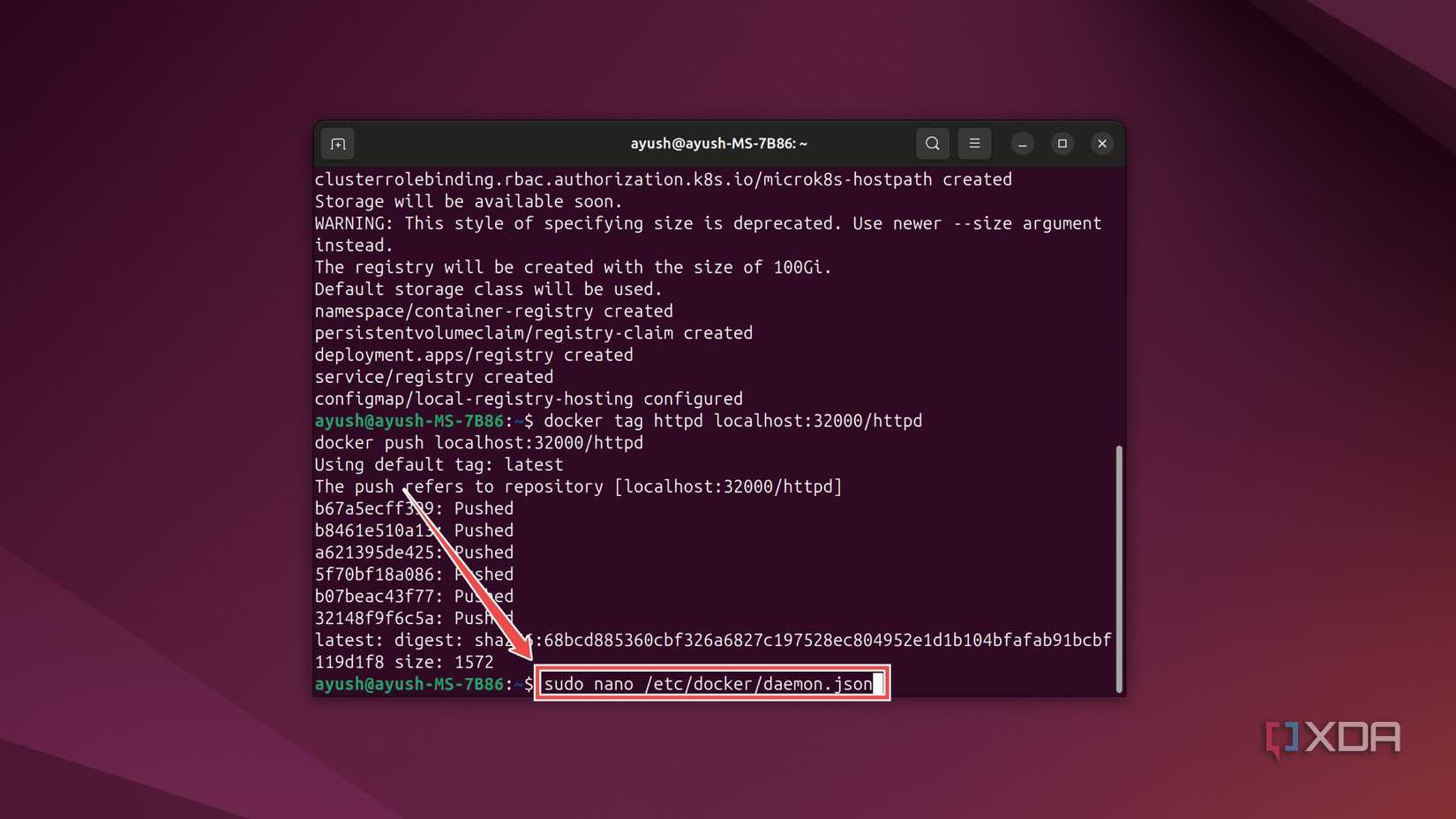 The terminal command to access the daemon.json file in Ubuntu