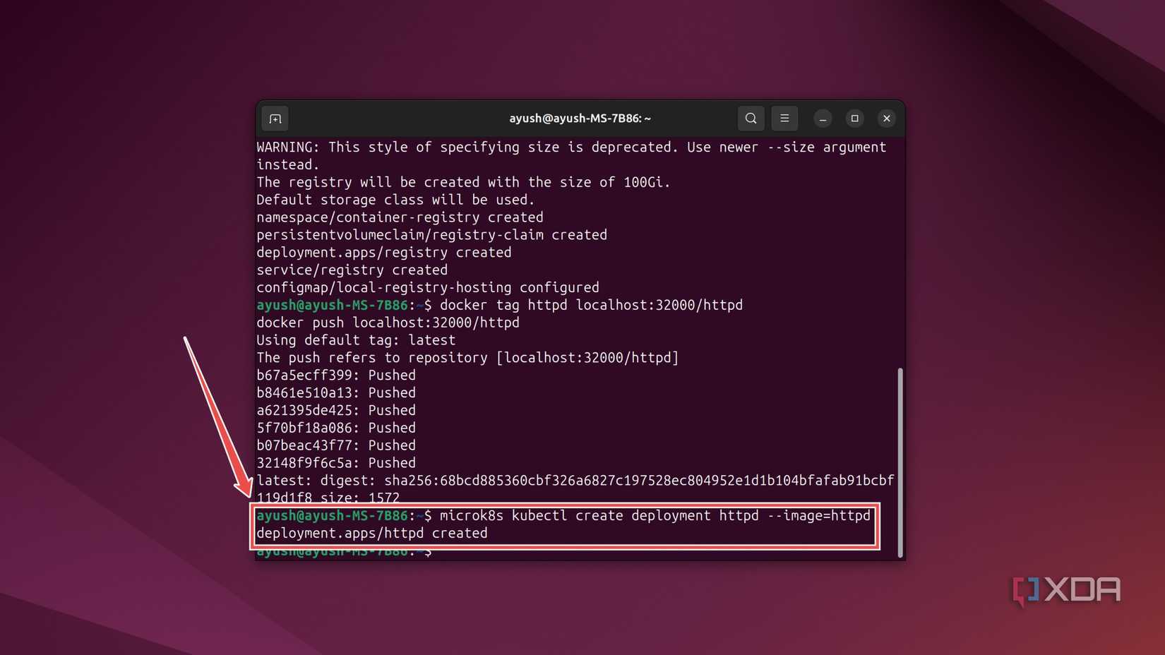 The terminal command to deploy a MicroK8s container using a Docker image in Ubuntu